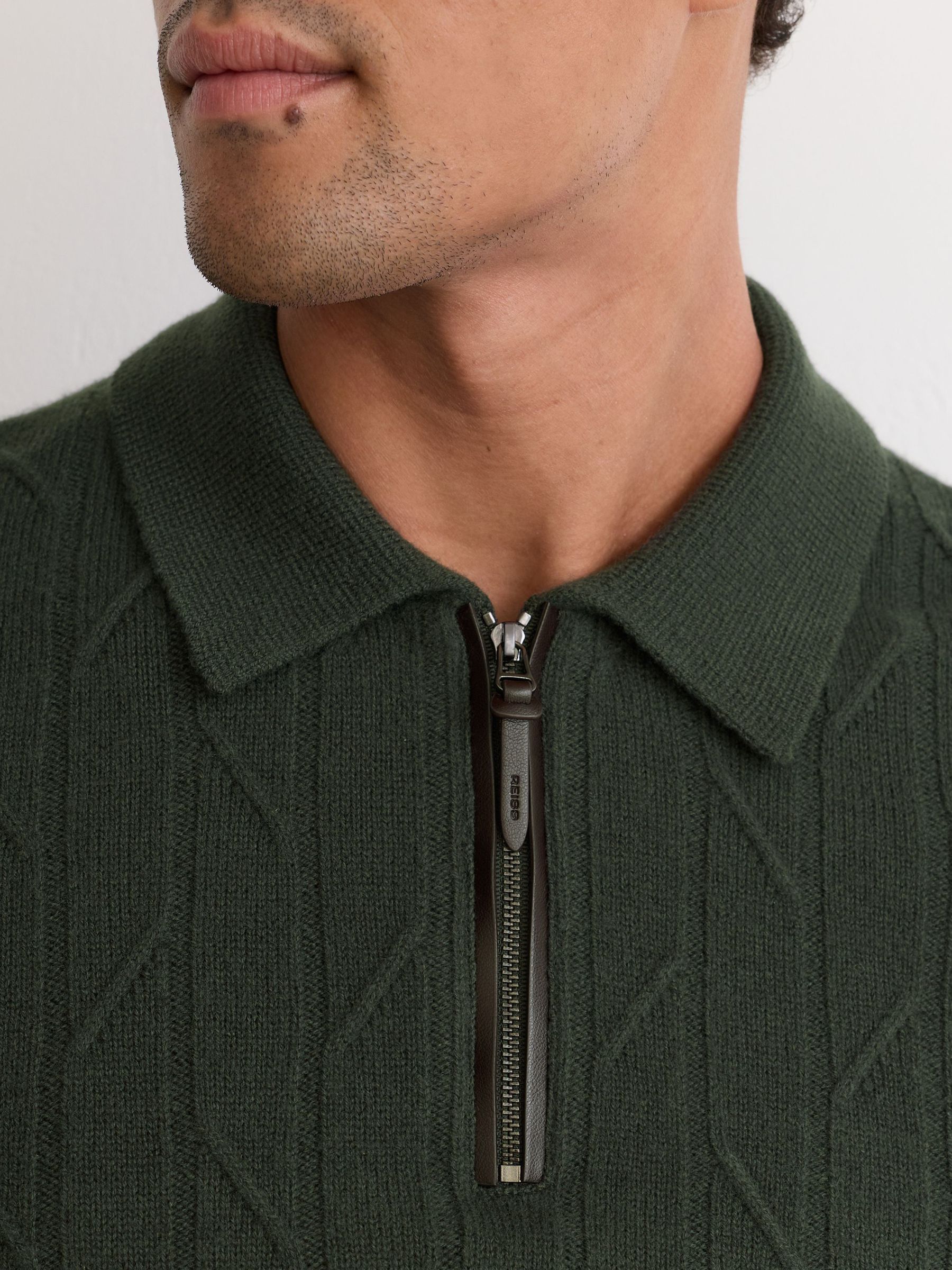 Wool Stitch-Detail Half-Zip Polo Jumper in Forest Green - Image 6 of 7