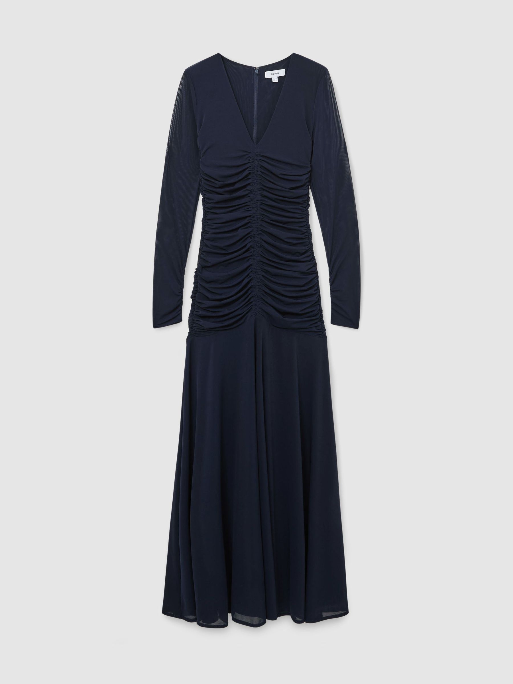 Ruched Mesh Long-Sleeve Maxi Dress in Navy - Image 2 of 9