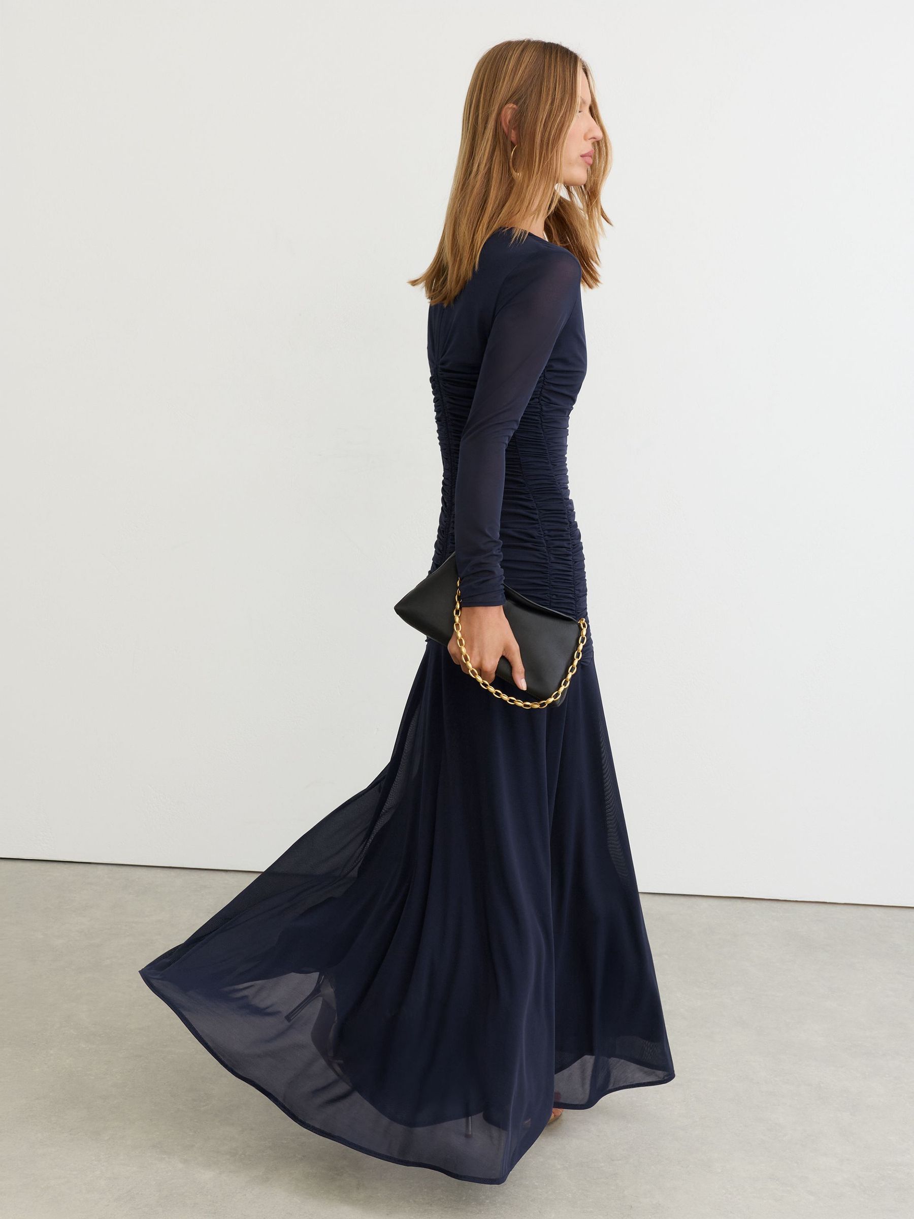 Ruched Mesh Long-Sleeve Maxi Dress in Navy - Image 7 of 9