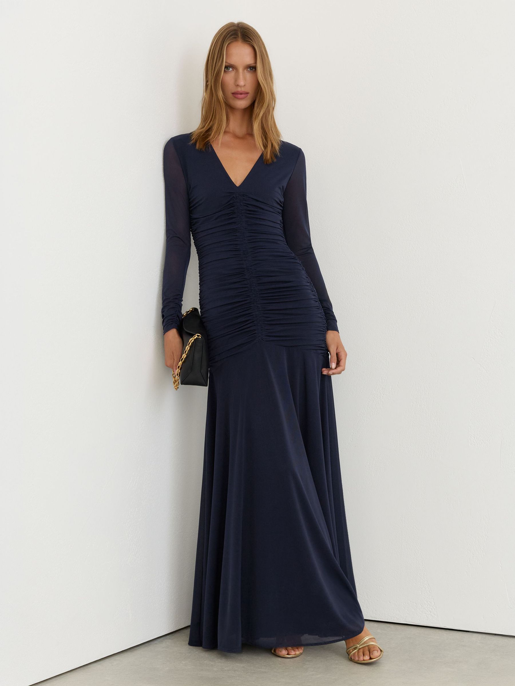 Ruched Mesh Long-Sleeve Maxi Dress in Navy - Image 9 of 9