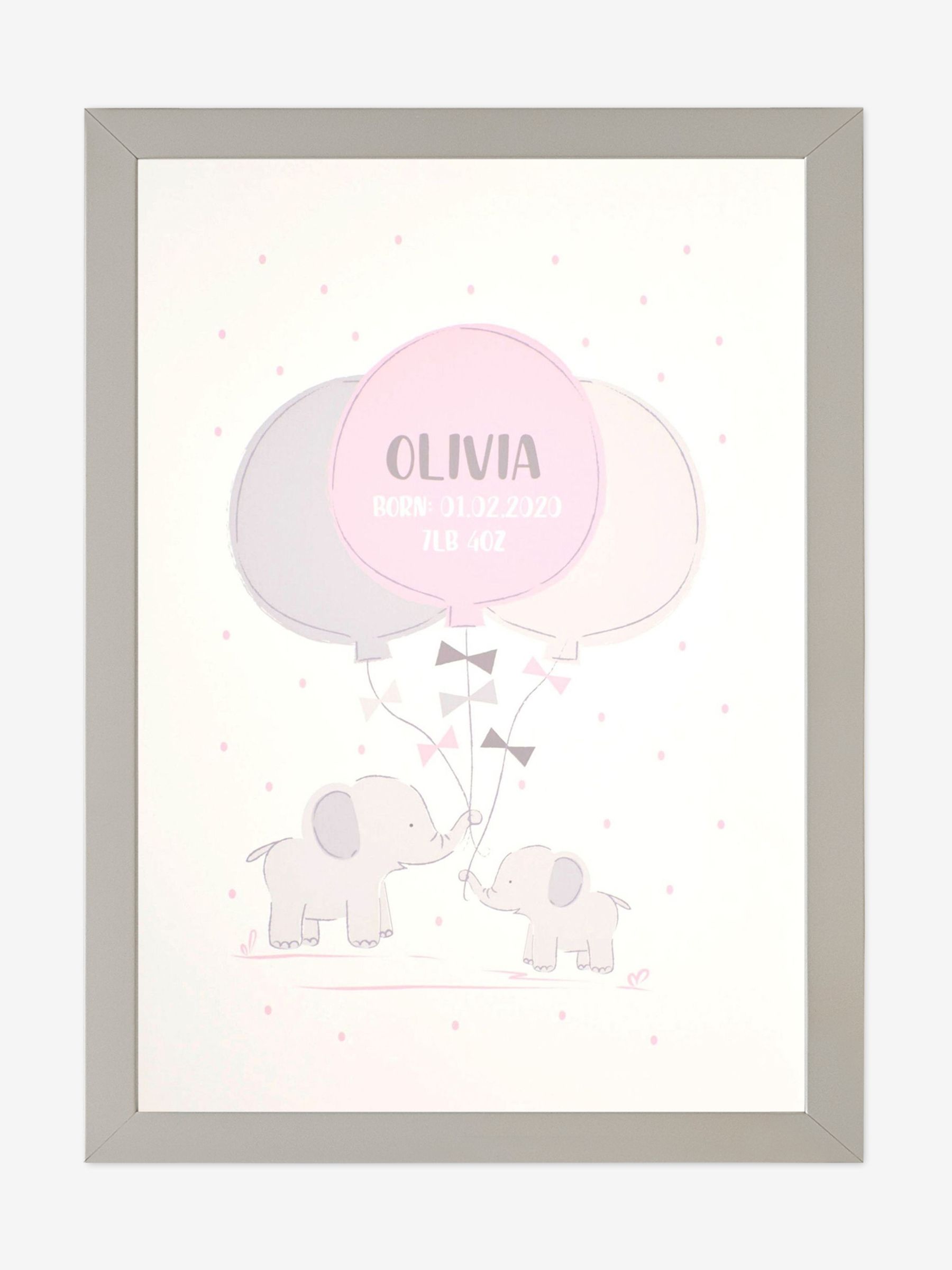 Grey Personalised Framed Baby Elephant Print - Image 1 of 1
