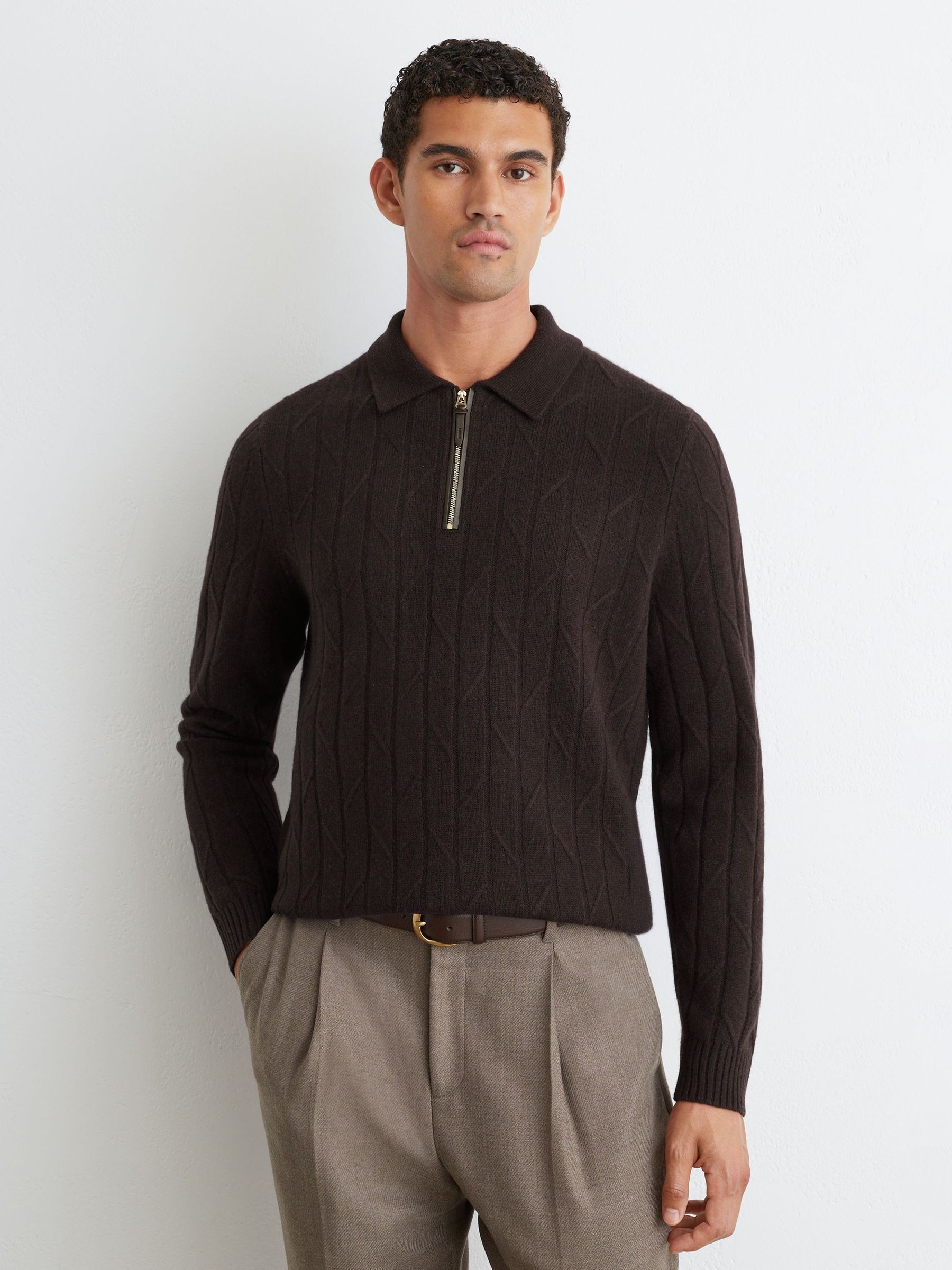 Wool Stitch-Detail Half-Zip Polo Jumper in Chocolate Brown - Image 1 of 6