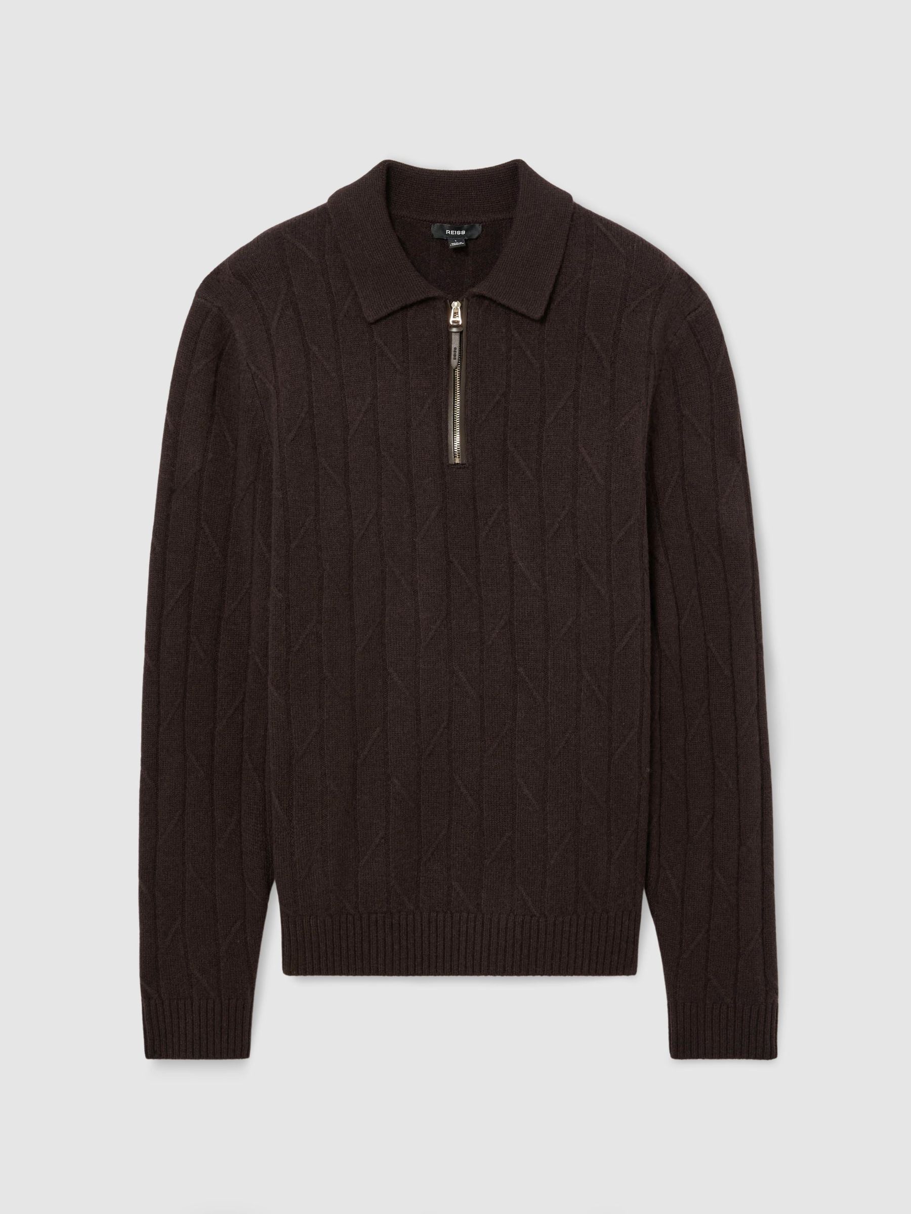 Wool Stitch-Detail Half-Zip Polo Jumper in Chocolate Brown - Image 2 of 6