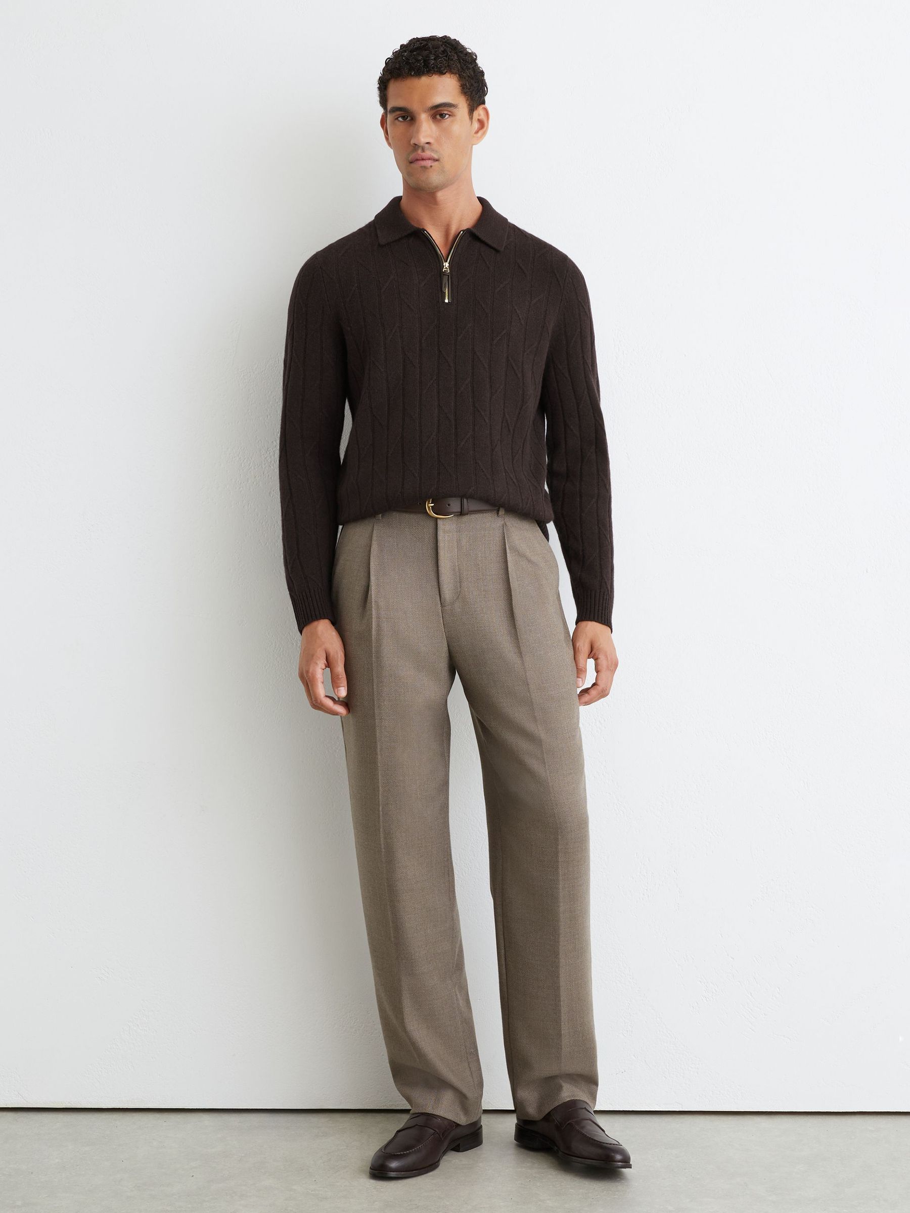 Wool Stitch-Detail Half-Zip Polo Jumper in Chocolate Brown - Image 3 of 6