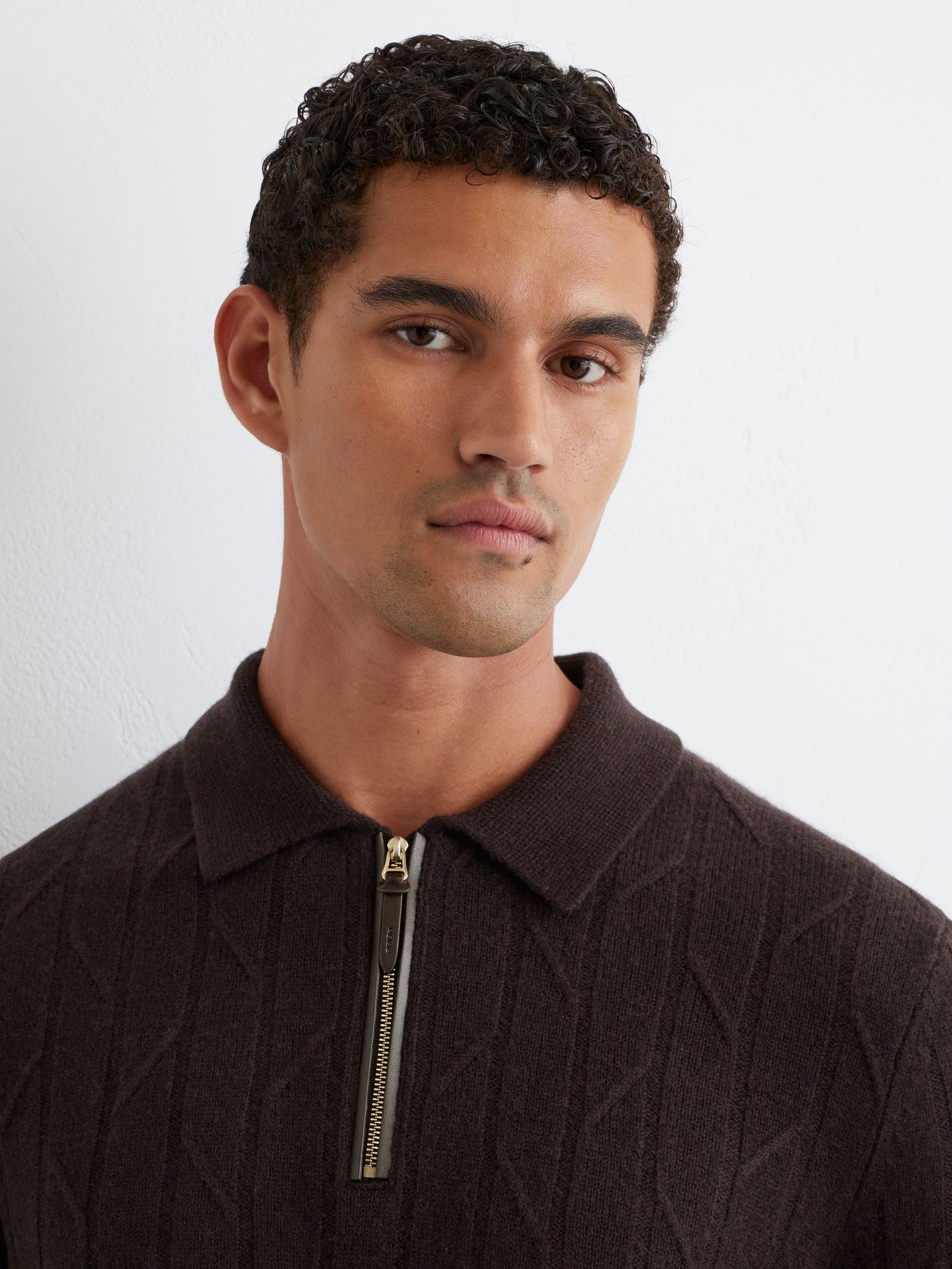 Wool Stitch-Detail Half-Zip Polo Jumper in Chocolate Brown - Image 4 of 6