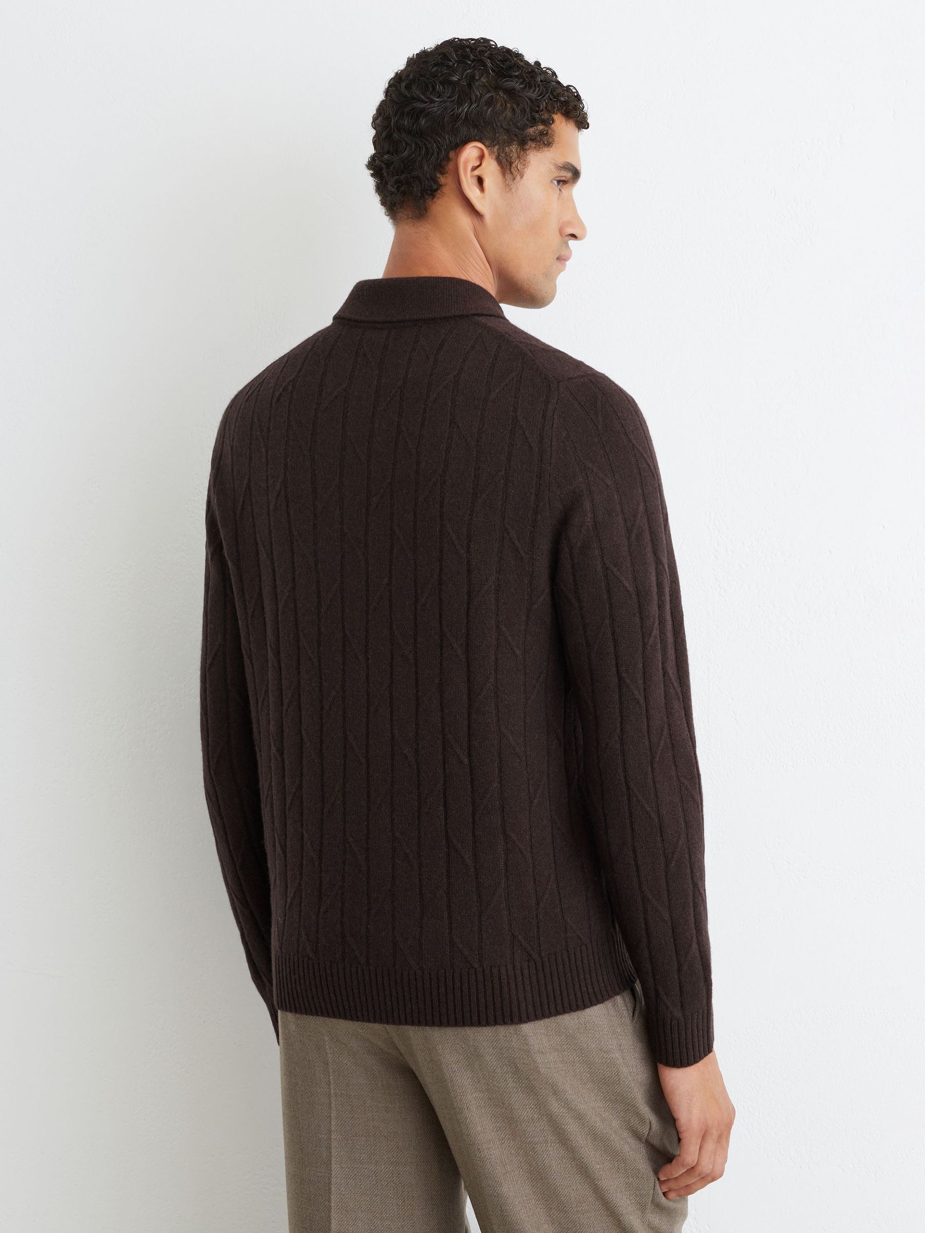 Wool Stitch-Detail Half-Zip Polo Jumper in Chocolate Brown - Image 5 of 6