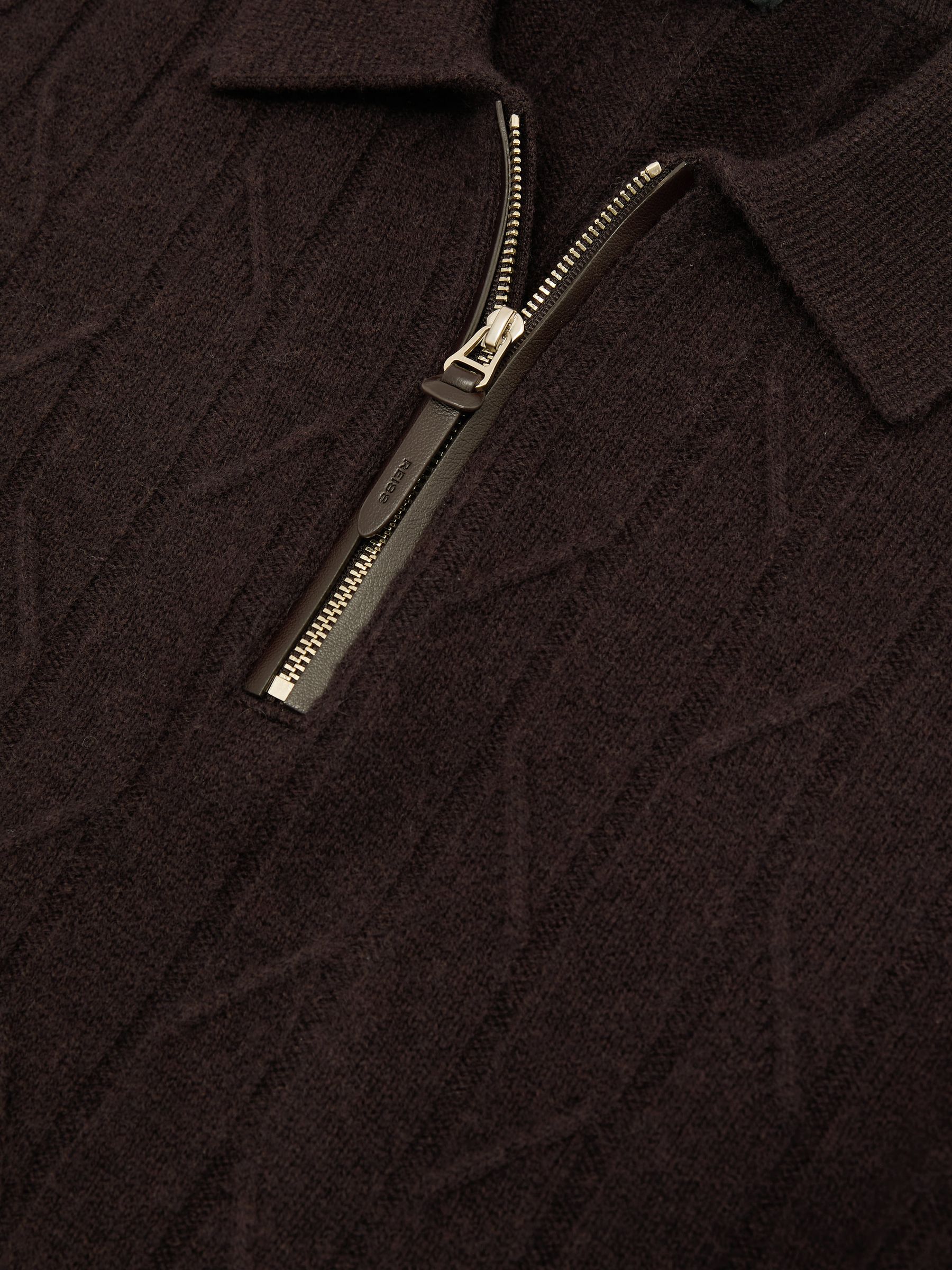 Wool Stitch-Detail Half-Zip Polo Jumper in Chocolate Brown - Image 6 of 6