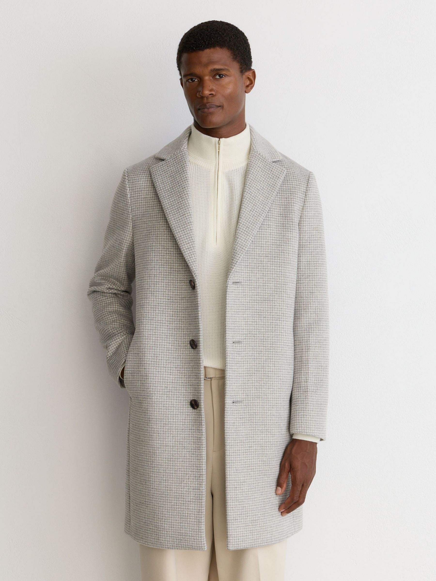 Wool-Blend Puppytooth Single-Breasted Overcoat in Soft Grey - Image 3 of 9