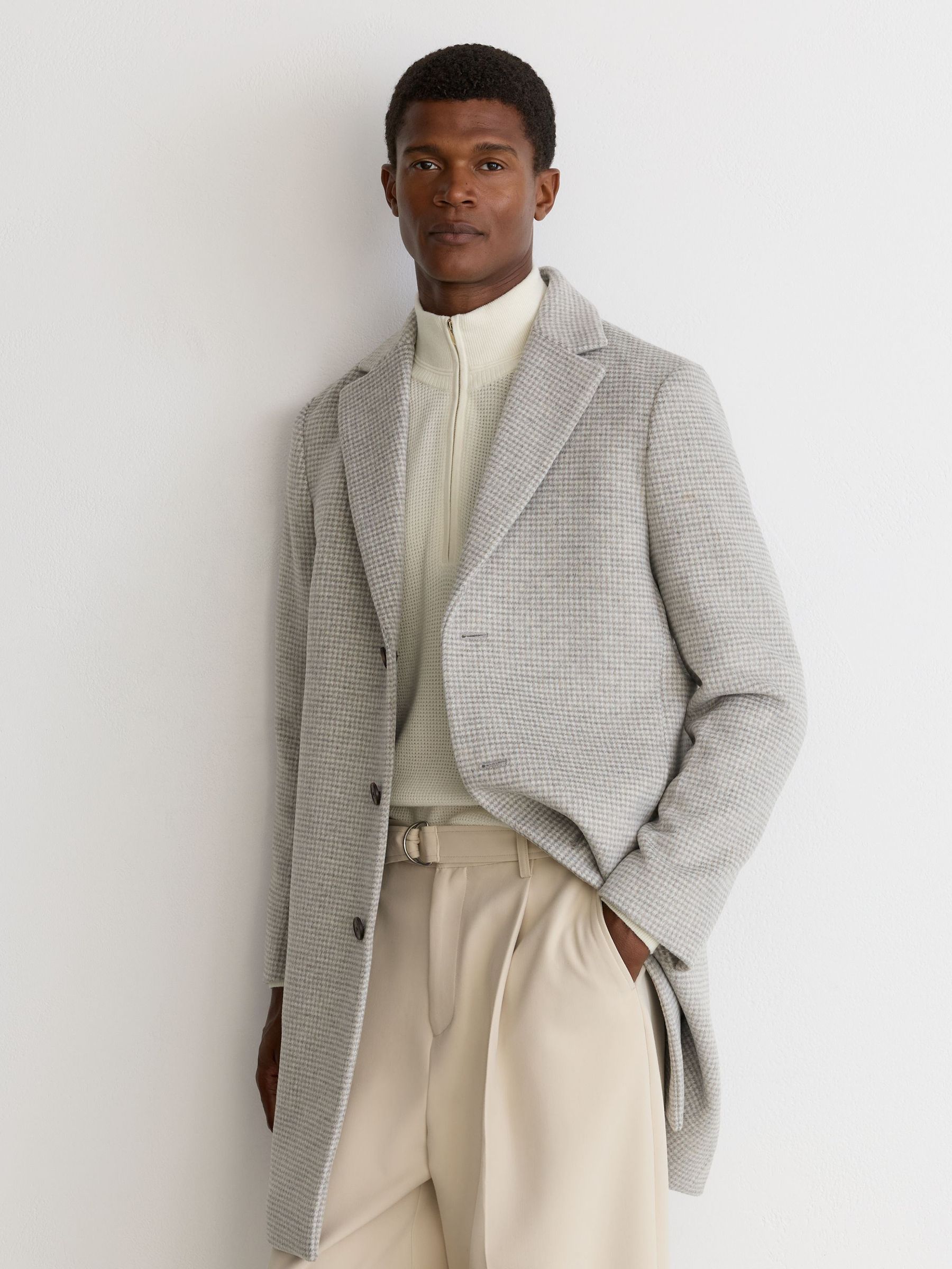 Wool-Blend Puppytooth Single-Breasted Overcoat in Soft Grey - Image 7 of 9