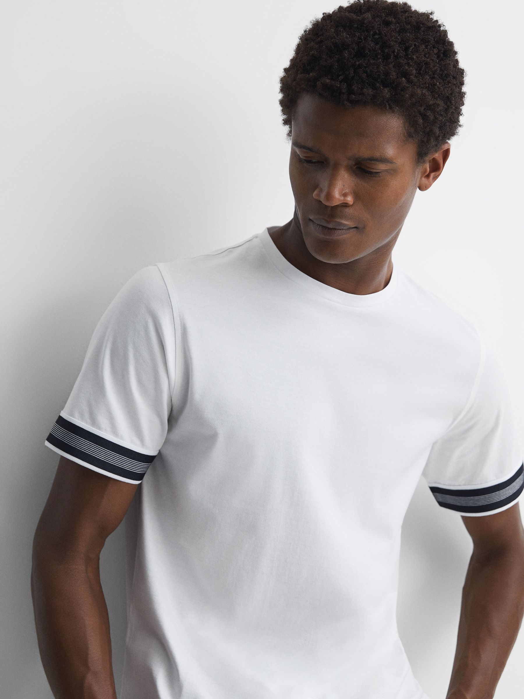 Mercerised Cotton Striped T-Shirt in White - Image 1 of 4