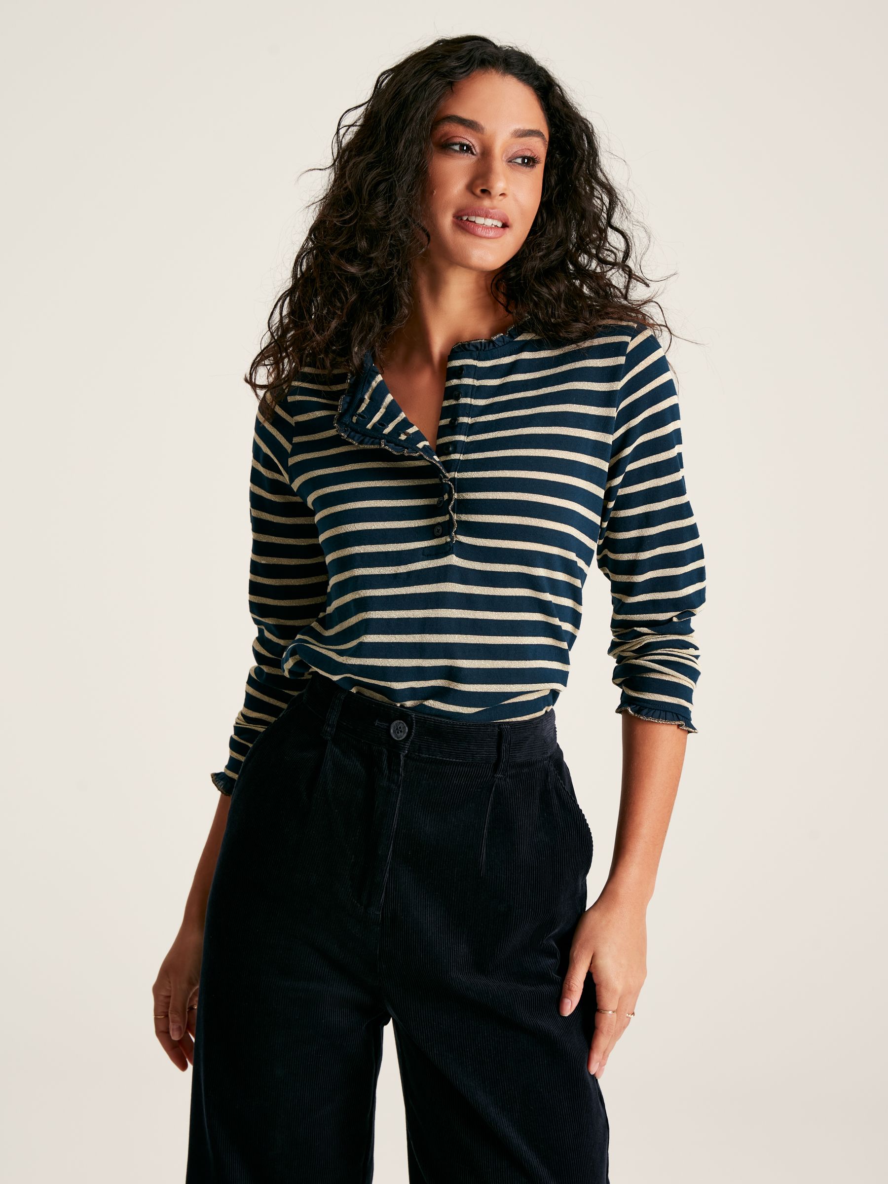 Daphne Navy Sparkle Striped Long Sleeve Top with Frill Neck