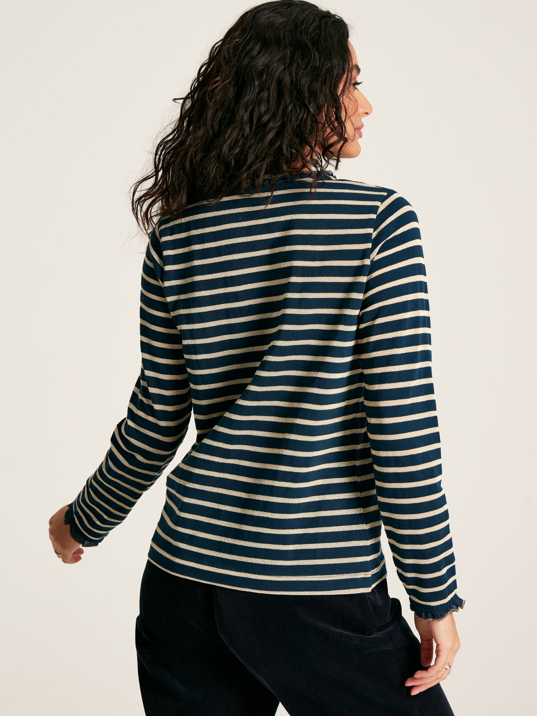 Daphne Navy Sparkle Striped Long Sleeve Top with Frill Neck - Image 2 of 6
