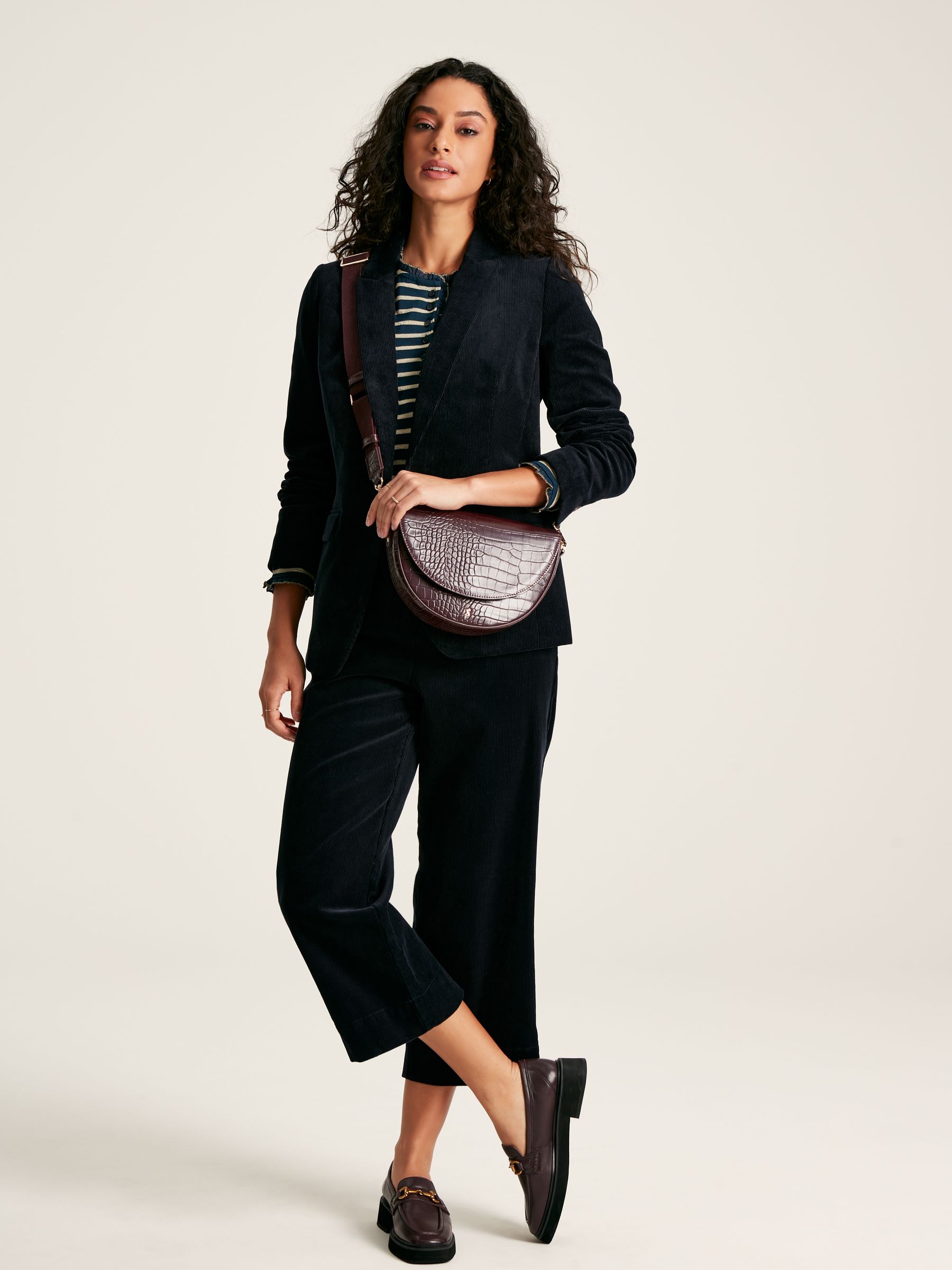 Daphne Navy Sparkle Striped Long Sleeve Top with Frill Neck