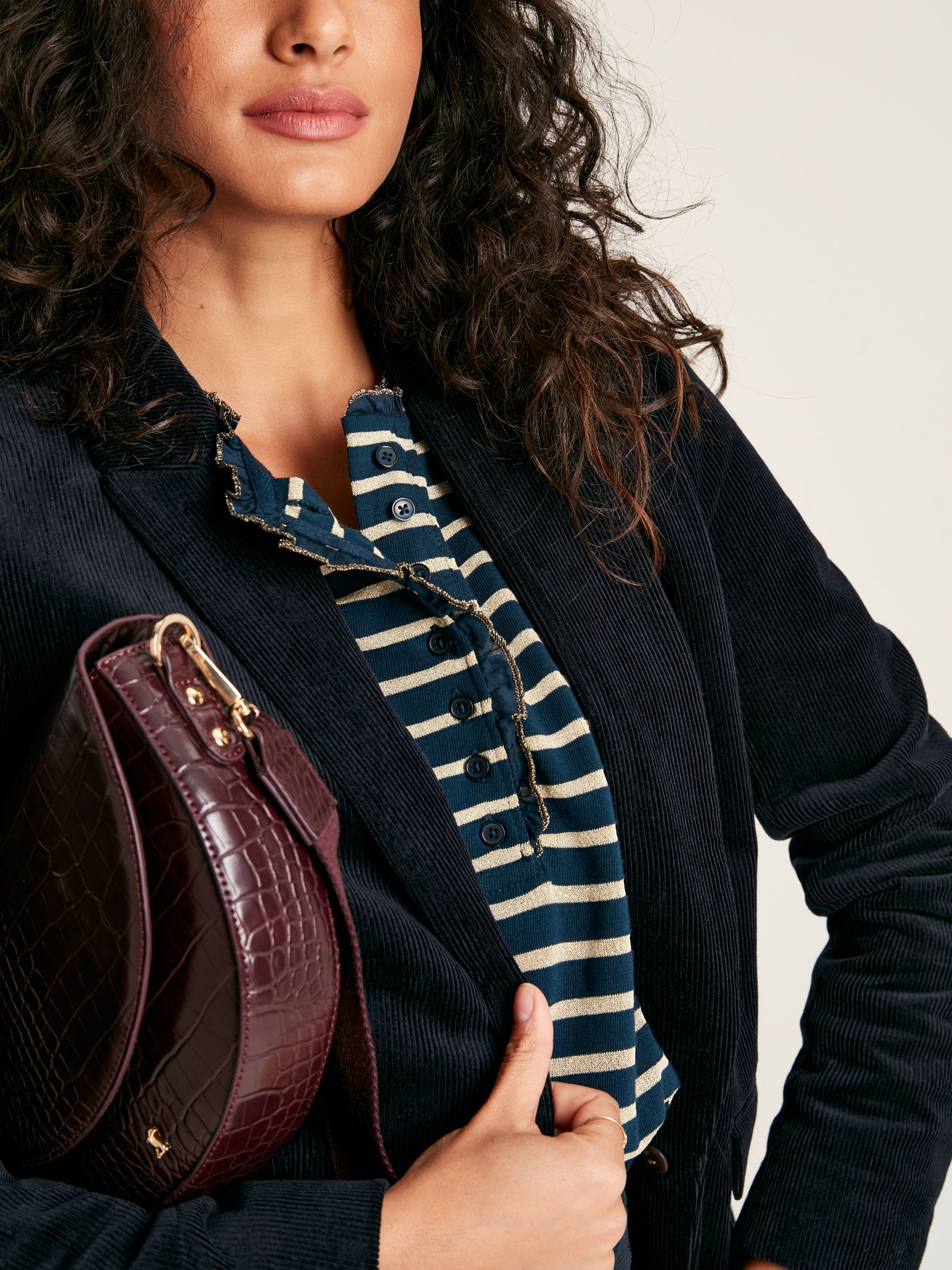 Daphne Navy Sparkle Striped Long Sleeve Top with Frill Neck