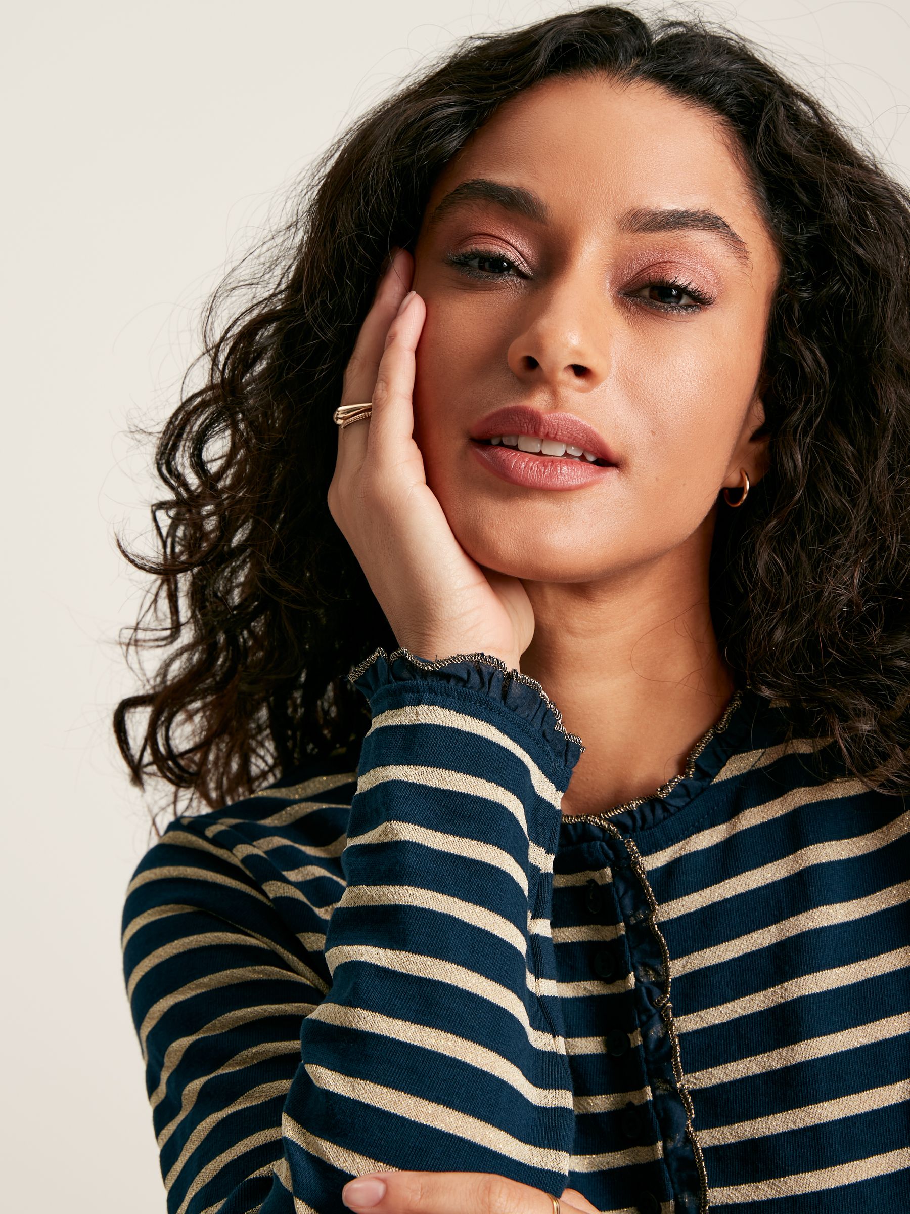 Daphne Navy Sparkle Striped Long Sleeve Top with Frill Neck - Image 5 of 6
