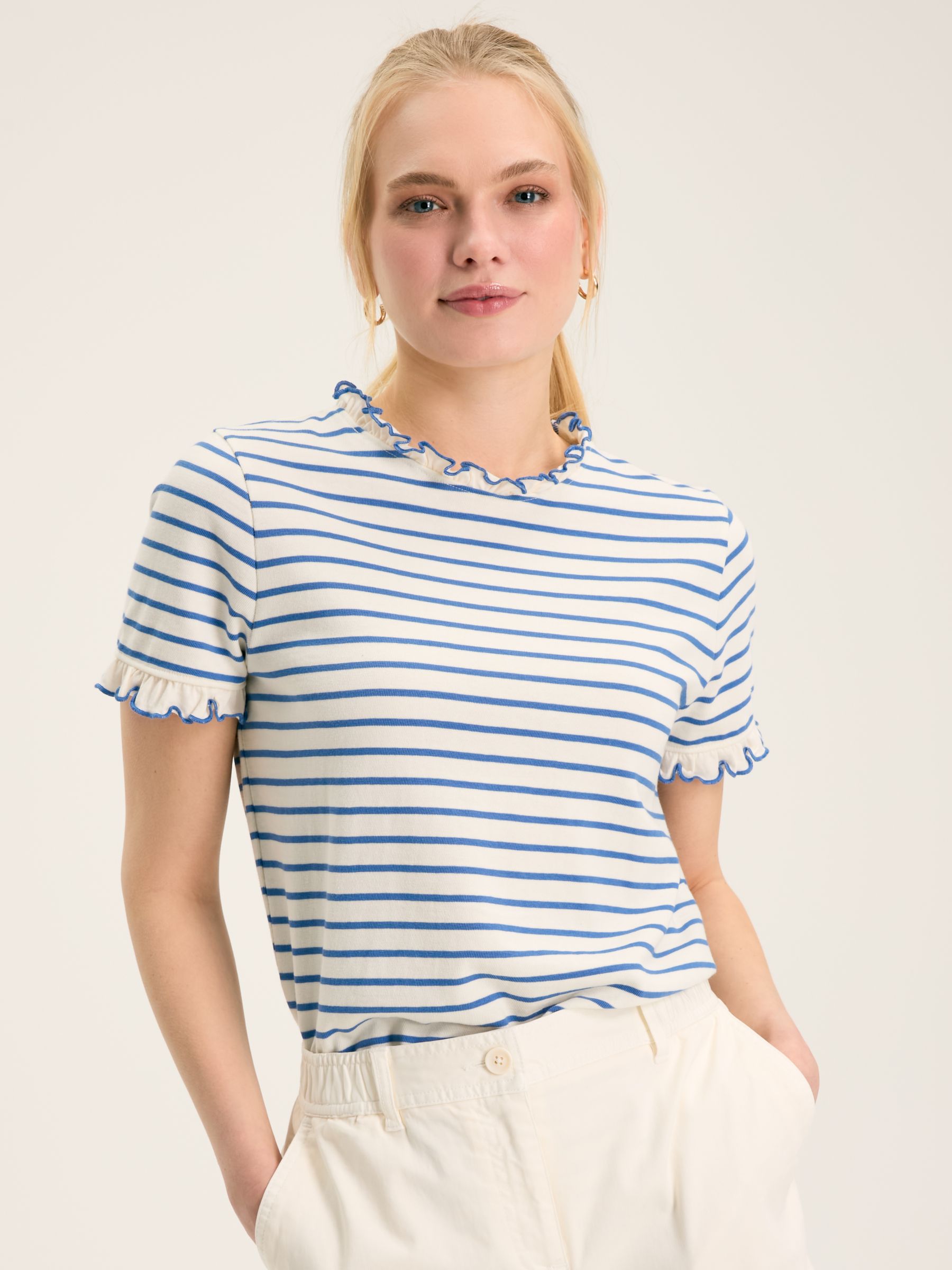 Daisy Cream & Blue Short Sleeve Frilled Neck Top - Image 1 of 6