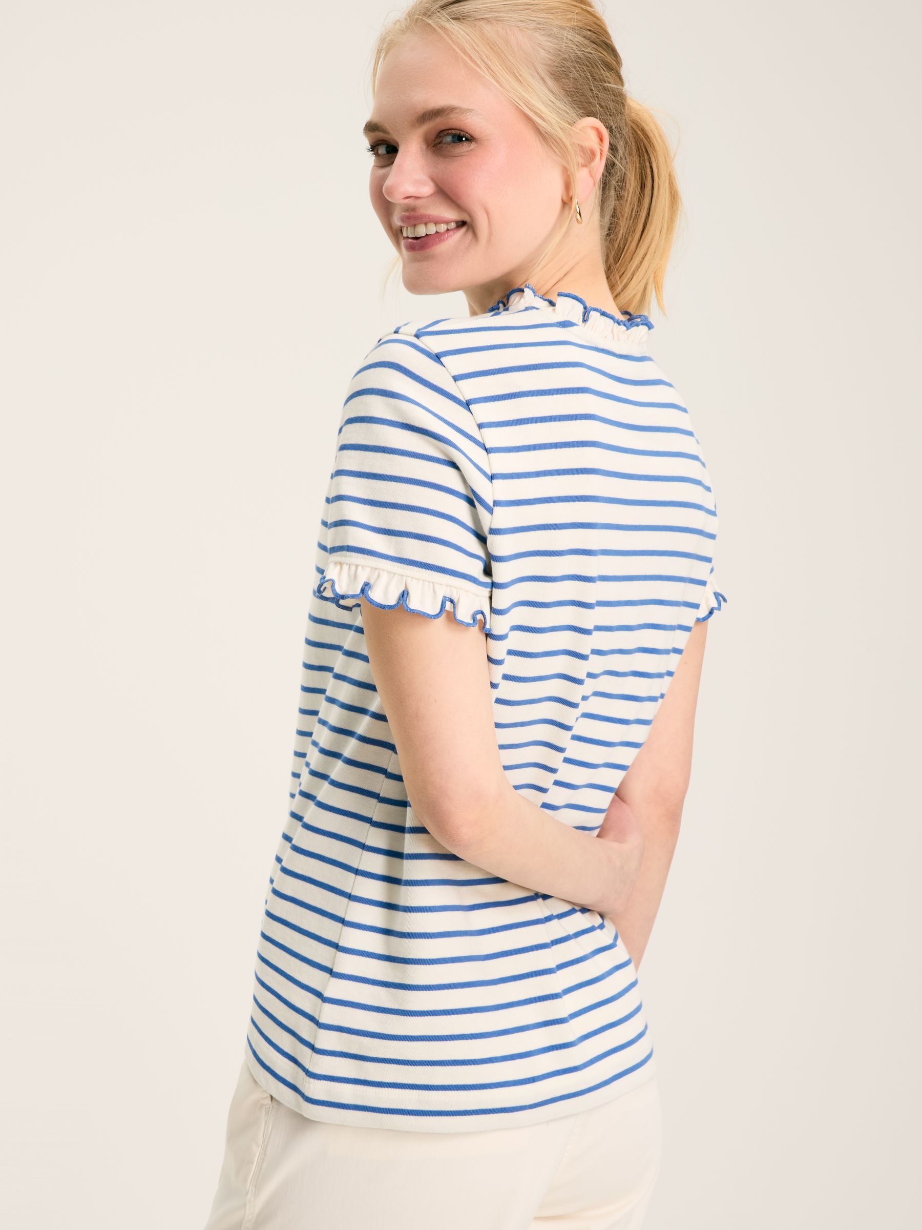 Daisy Cream & Blue Short Sleeve Frilled Neck Top - Image 2 of 6