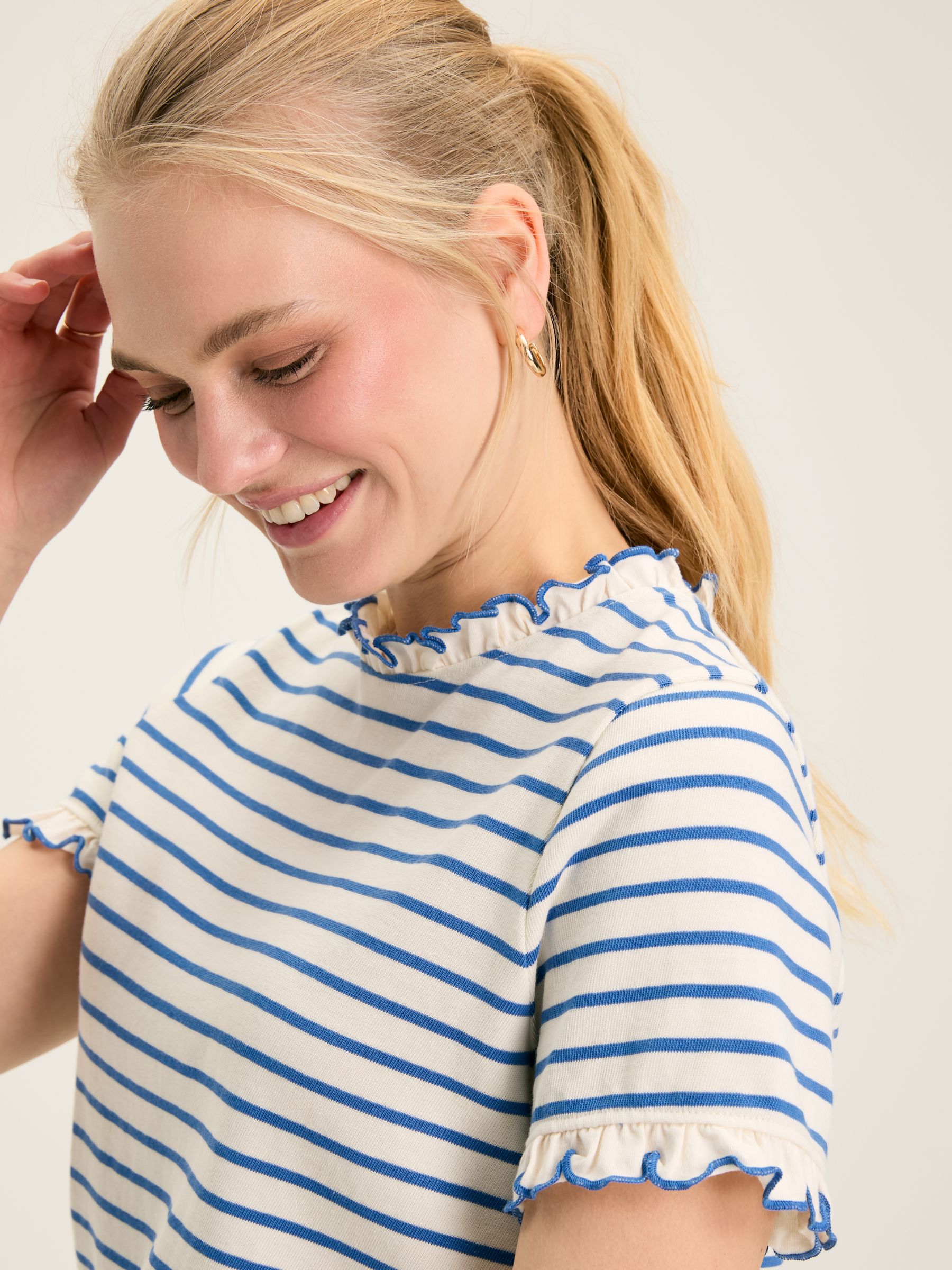 Daisy Cream & Blue Short Sleeve Frilled Neck Top - Image 4 of 6
