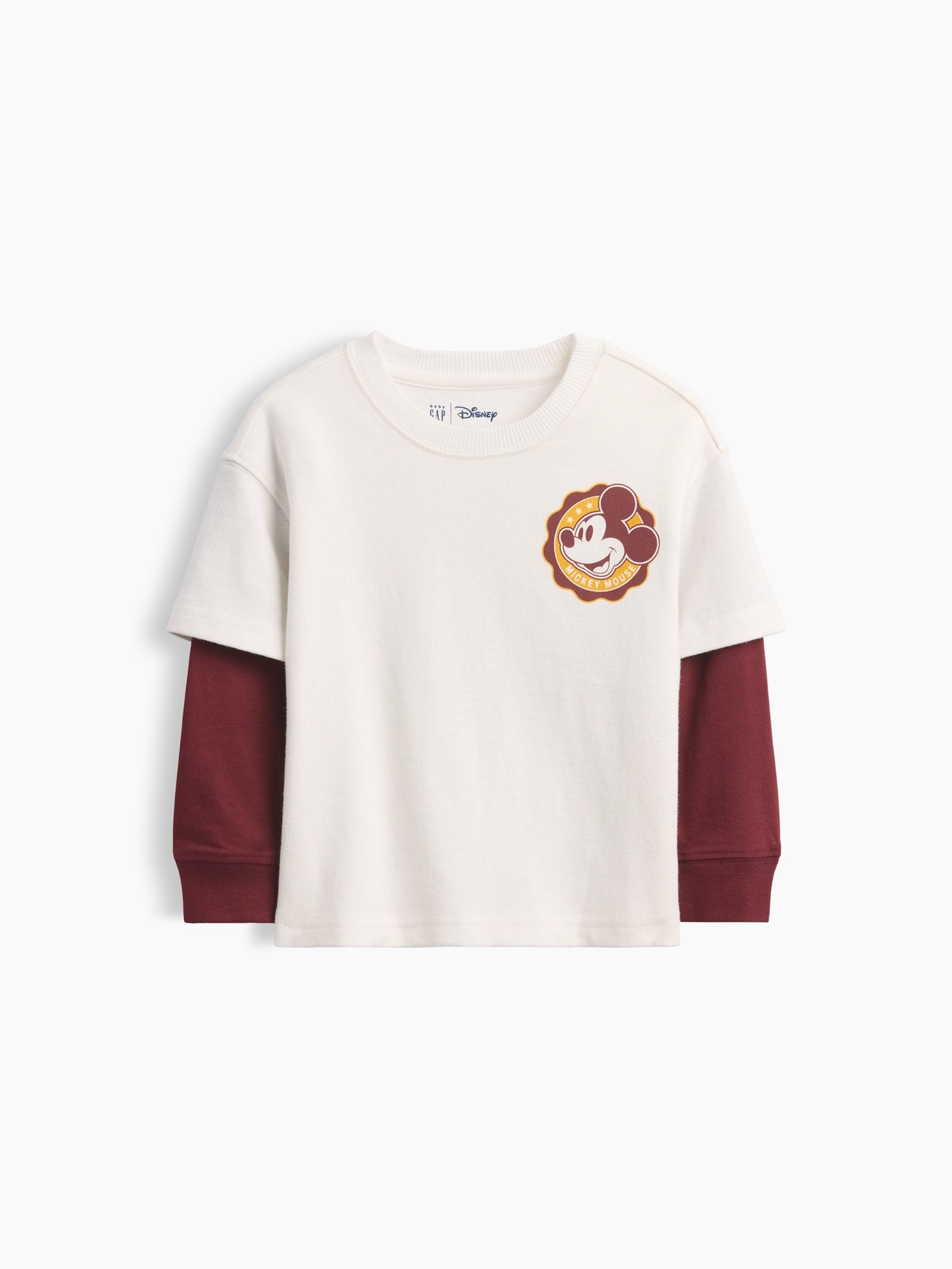 Cream/Burgundy Mickey Mouse Disney Double-Layer Long Sleeve T-Shirt - Image 1 of 2