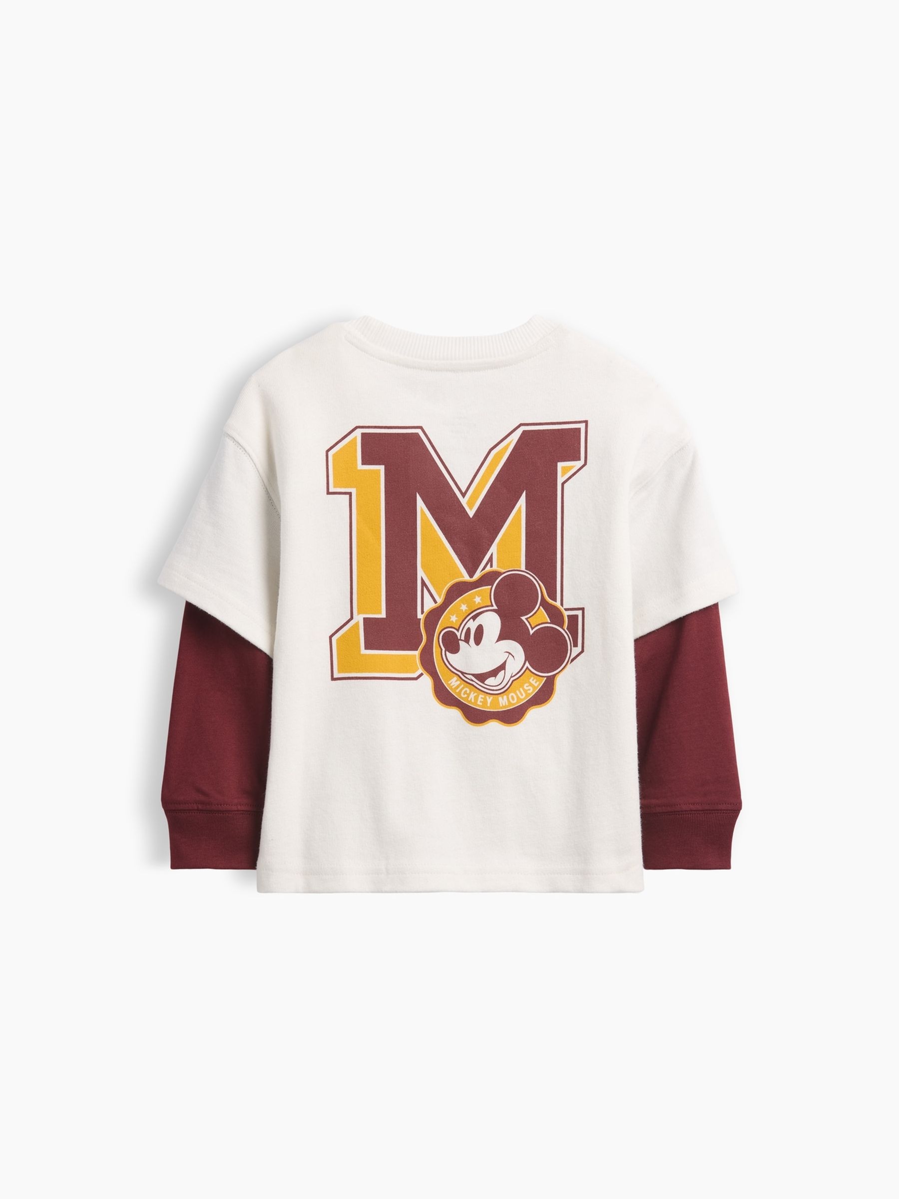Cream/Burgundy Mickey Mouse Disney Double-Layer Long Sleeve T-Shirt - Image 2 of 2 Cream/Burgundy Mickey Mouse Disney Double-Layer Long Sleeve T-Shirt - Image 2 of 2
