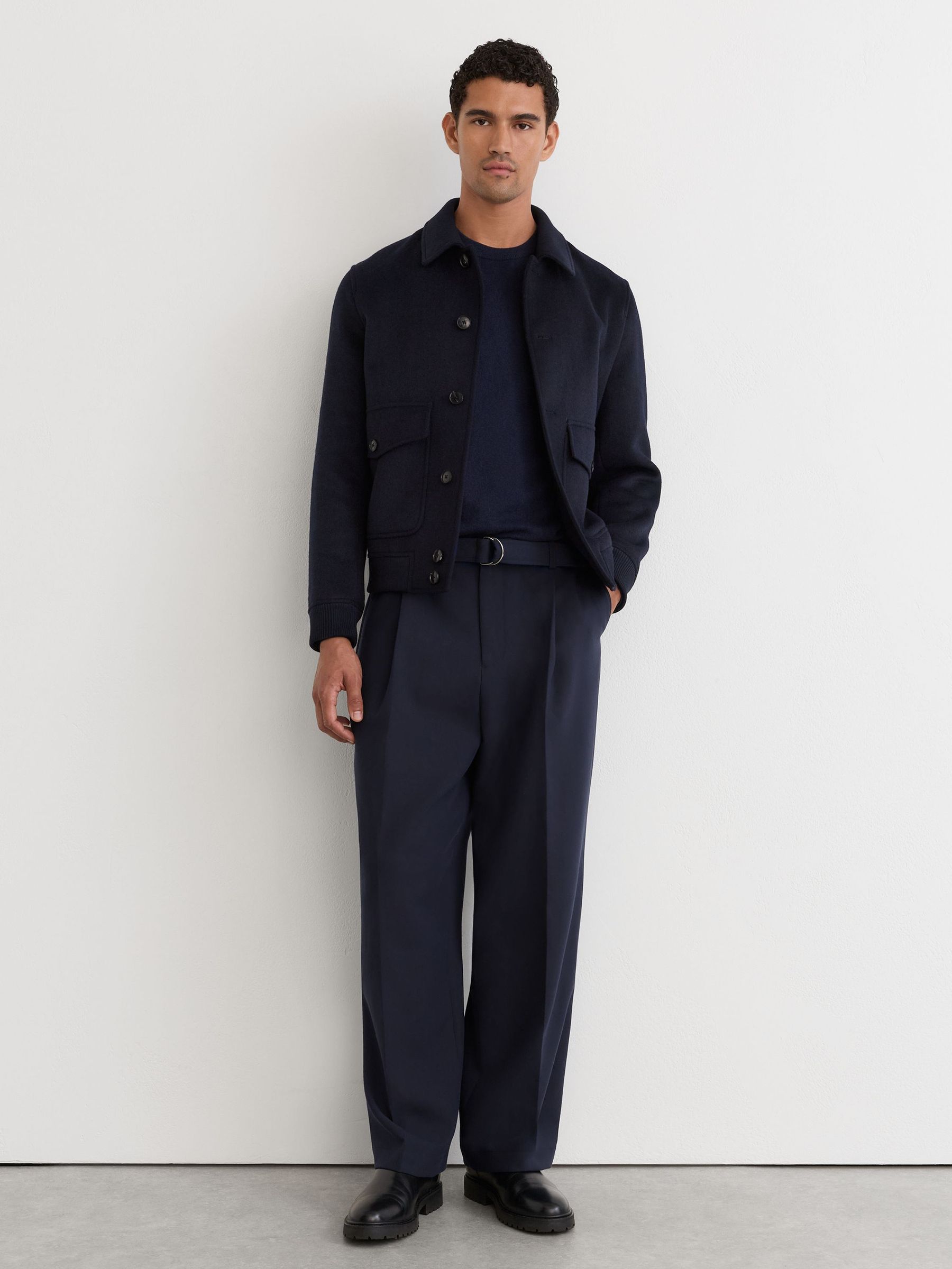 Relaxed-Fit Belted Trousers in Navy - Image 1 of 8