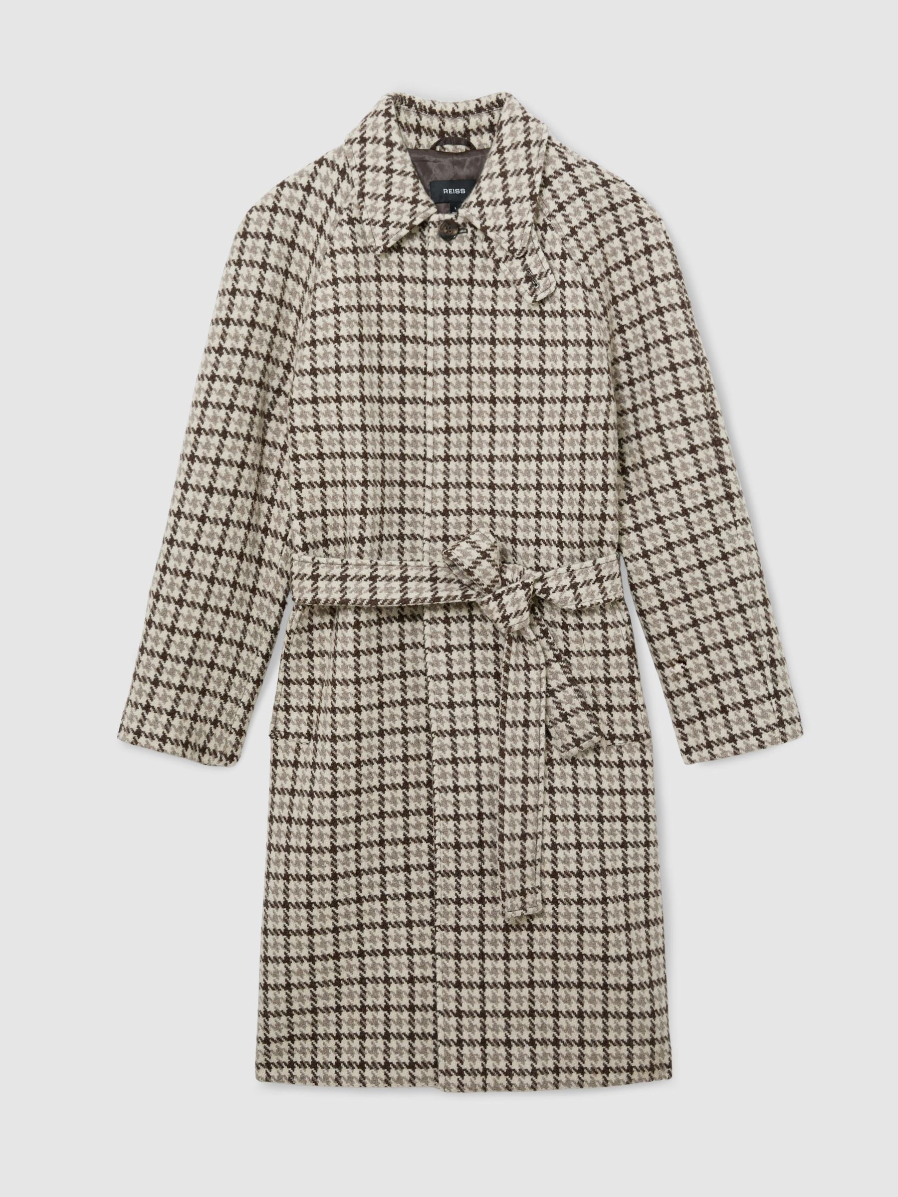 Wool Houndstooth-Check Belted Overcoat in Brown Multi - Image 2 of 9