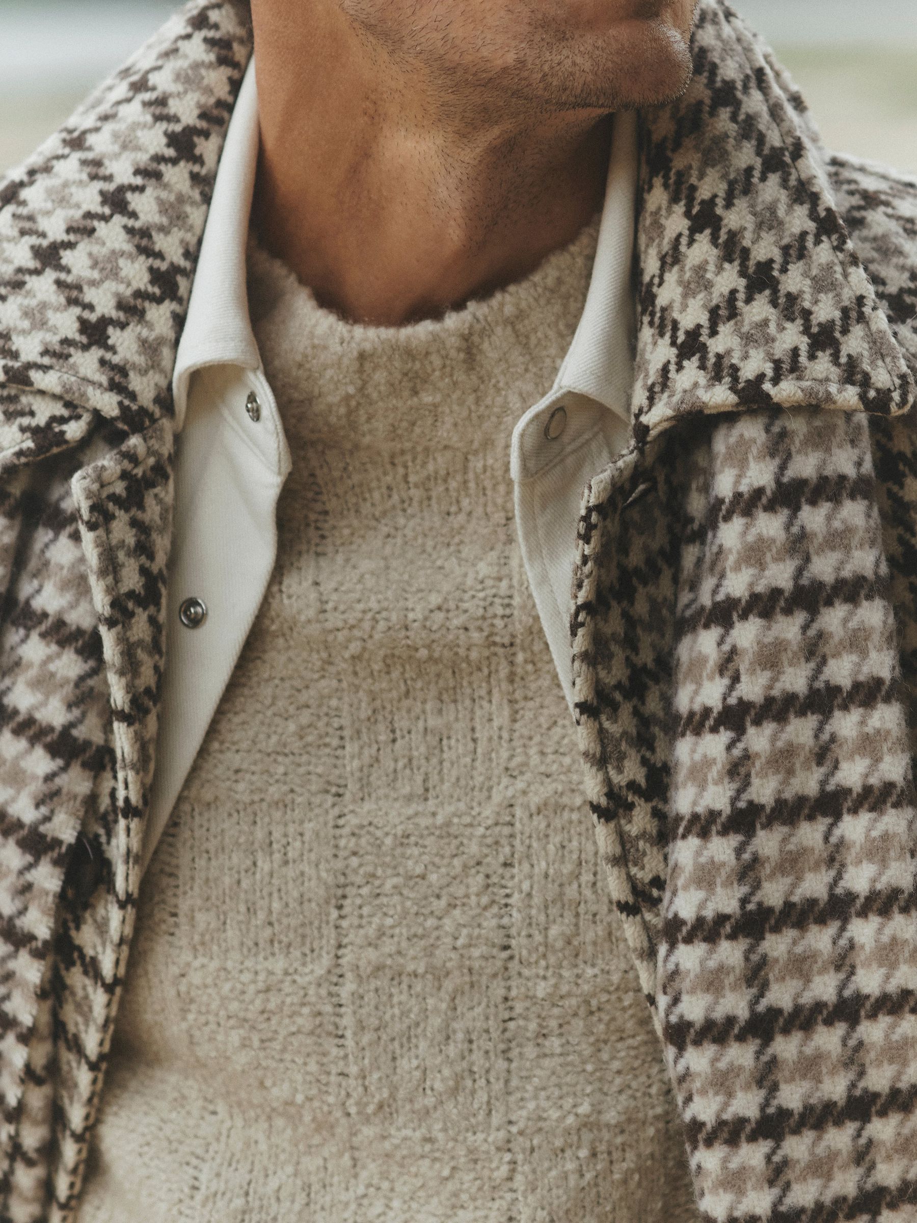 Wool Houndstooth-Check Belted Overcoat in Brown Multi - Image 3 of 9