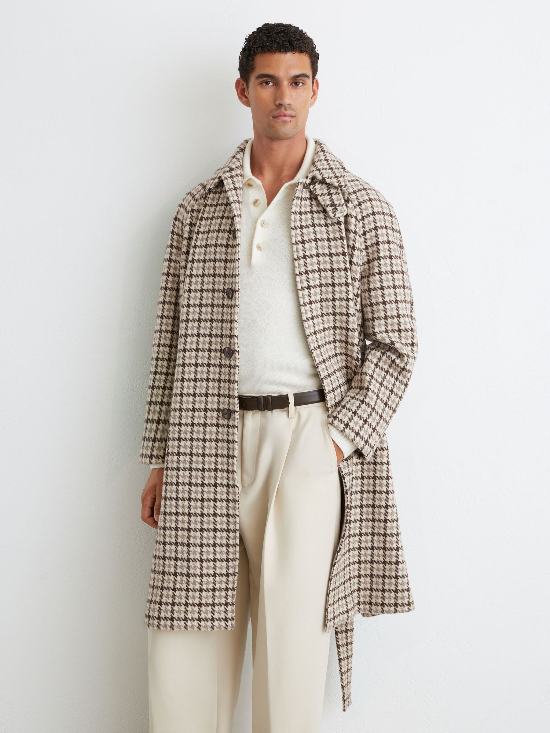 Wool Houndstooth-Check Belted Overcoat in Brown Multi - Image 4 of 9