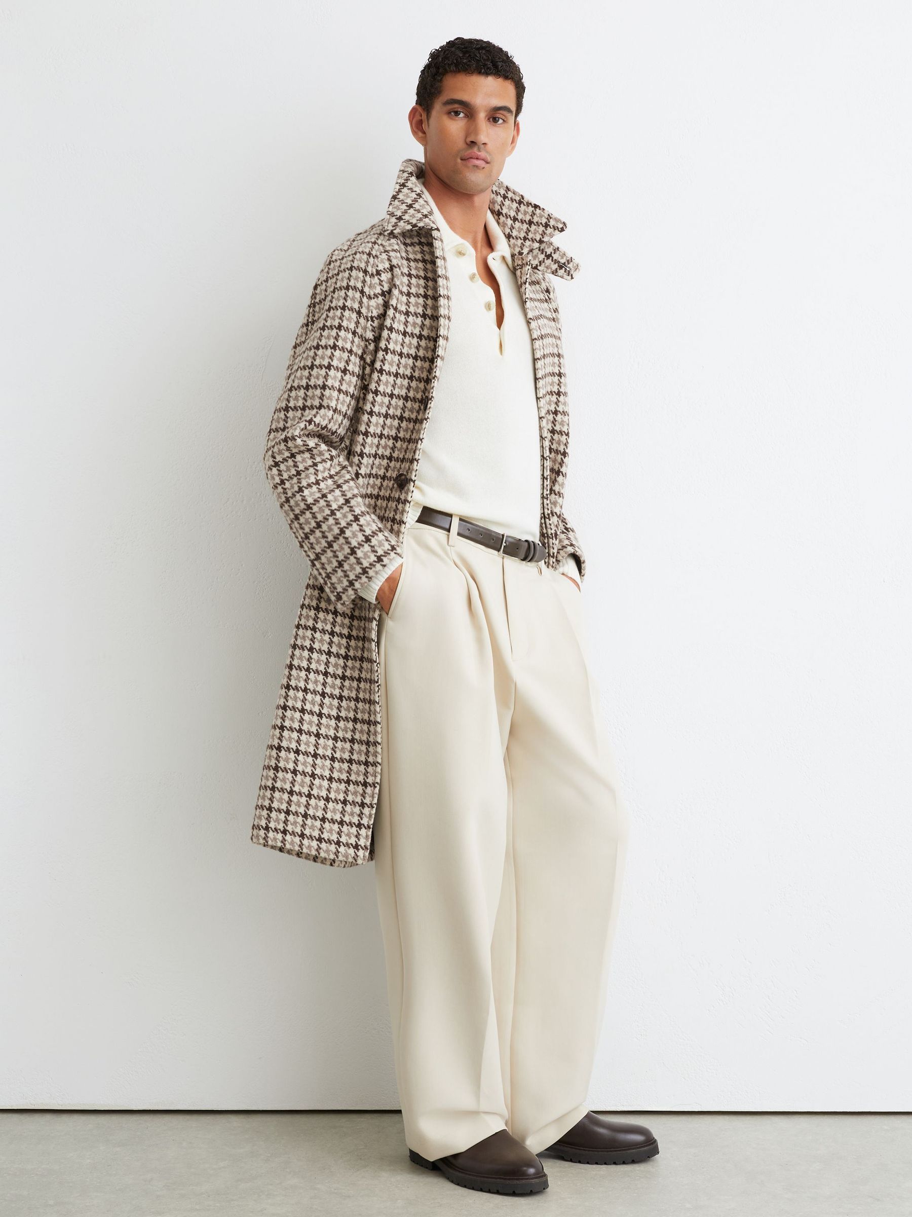 Wool Houndstooth-Check Belted Overcoat in Brown Multi - Image 5 of 9