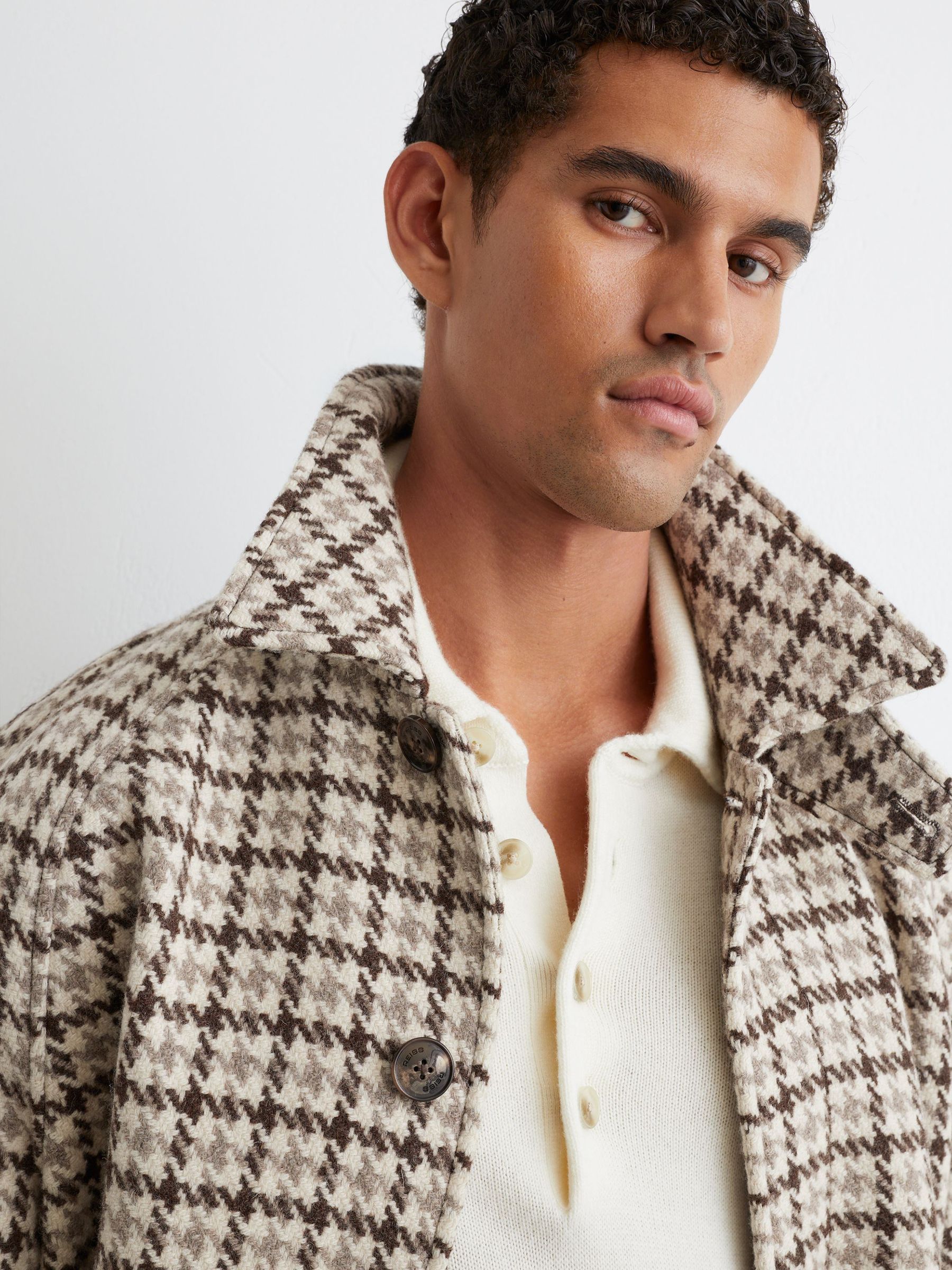 Wool Houndstooth-Check Belted Overcoat in Brown Multi - Image 6 of 9