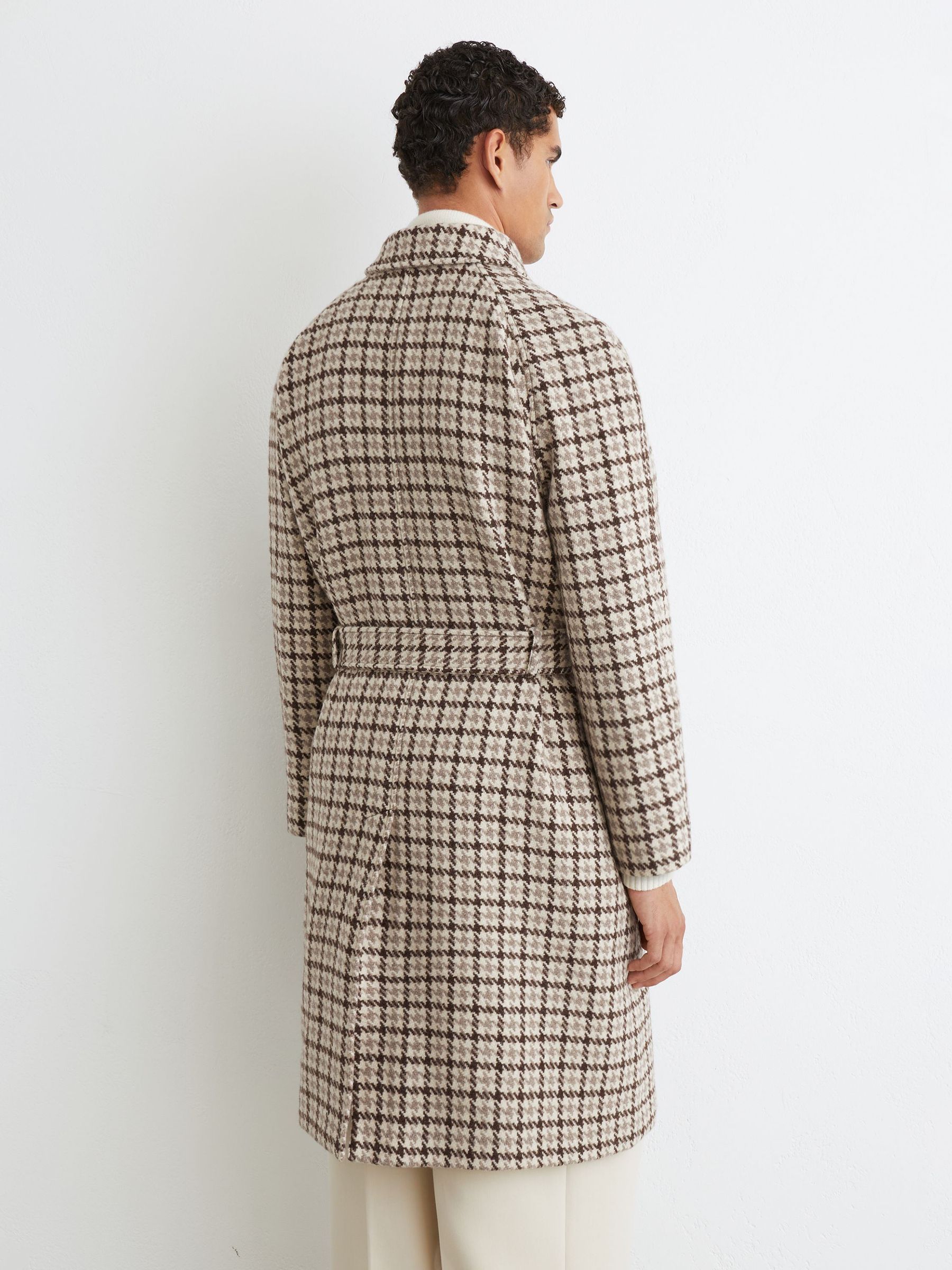 Wool Houndstooth-Check Belted Overcoat in Brown Multi - Image 8 of 9
