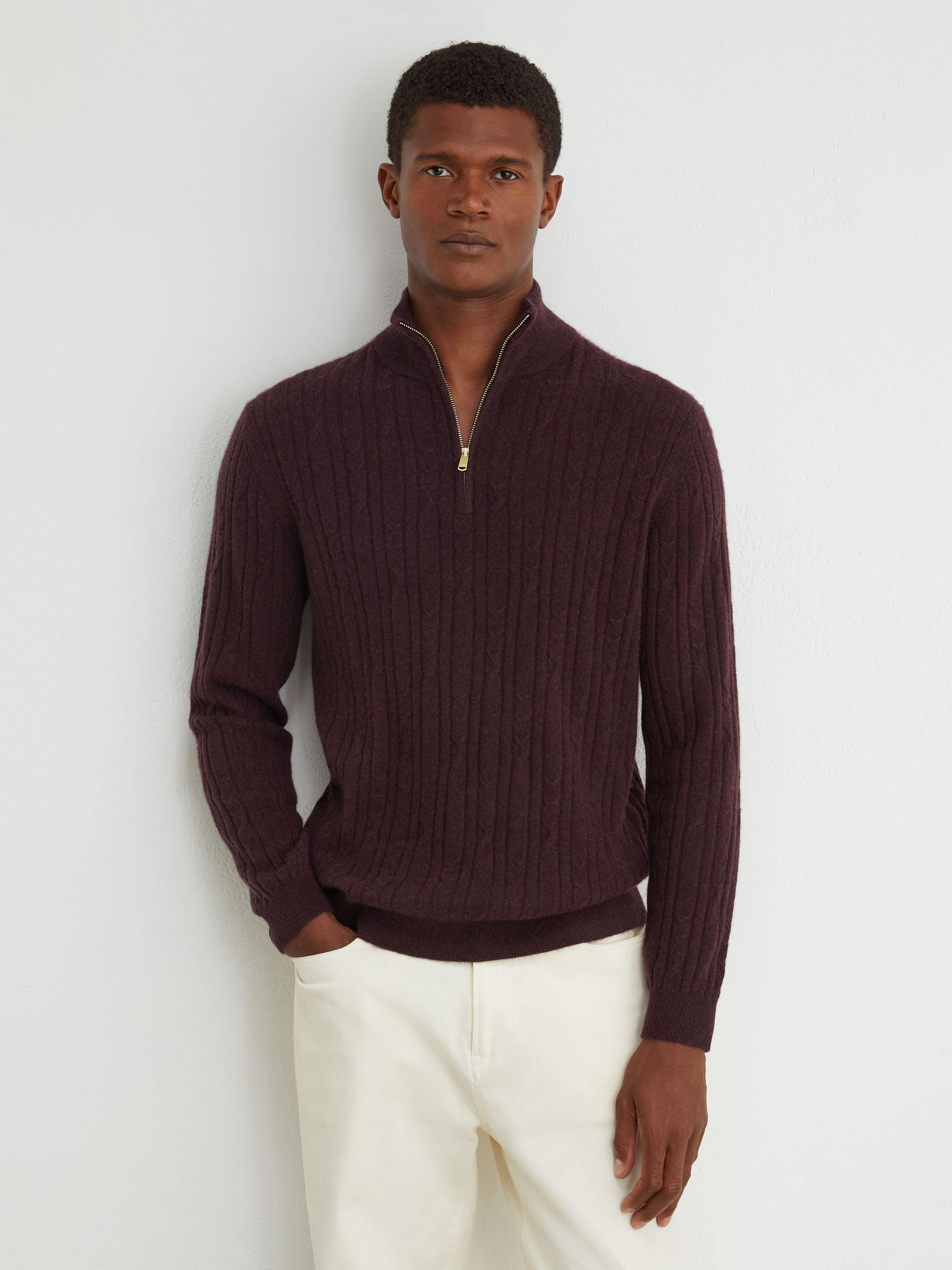 Cashmere Cable-Knit Half-Zip Jumper in Bordeaux Melange - Image 1 of 6