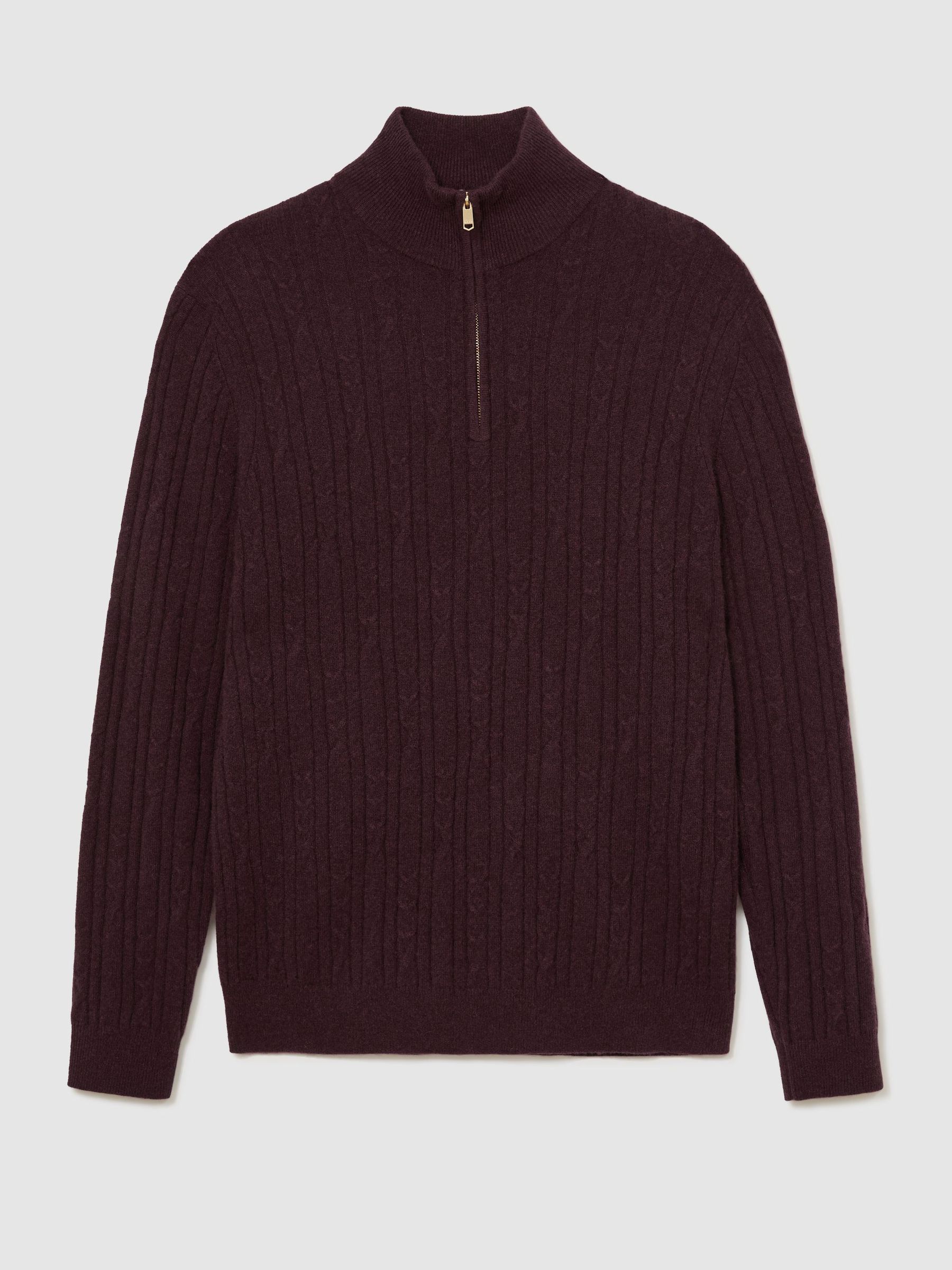 Cashmere Cable-Knit Half-Zip Jumper in Bordeaux Melange - Image 2 of 6