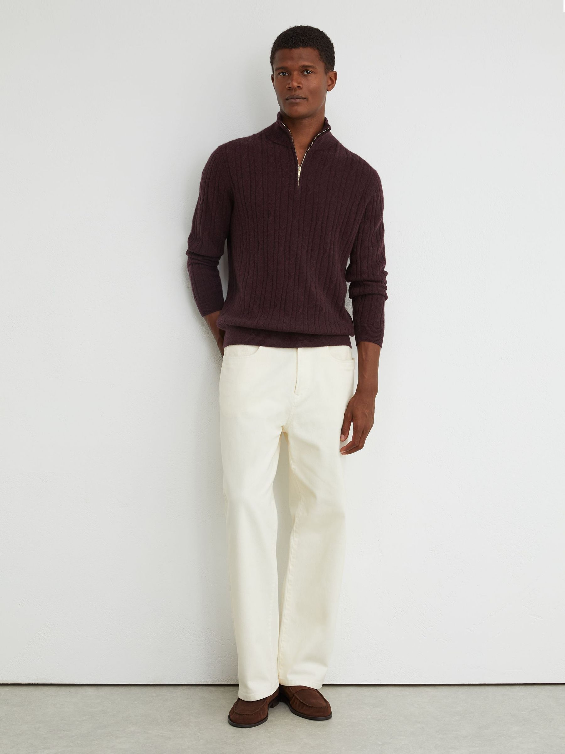 Cashmere Cable-Knit Half-Zip Jumper in Bordeaux Melange - Image 4 of 6