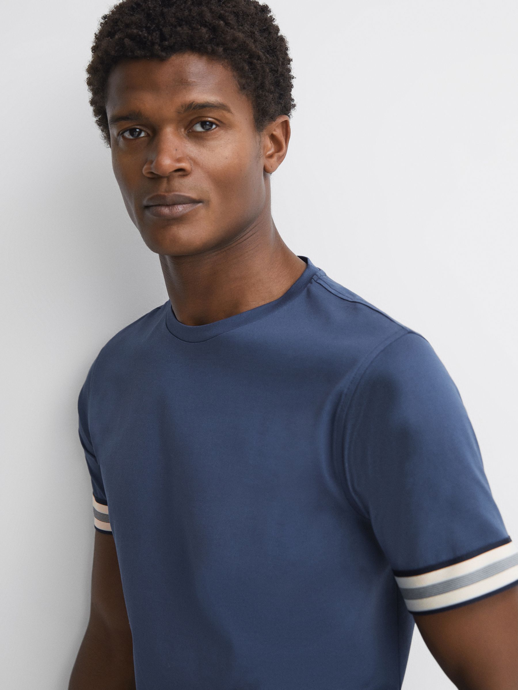Mercerised Cotton Striped T-Shirt in Blue Night - Image 1 of 5