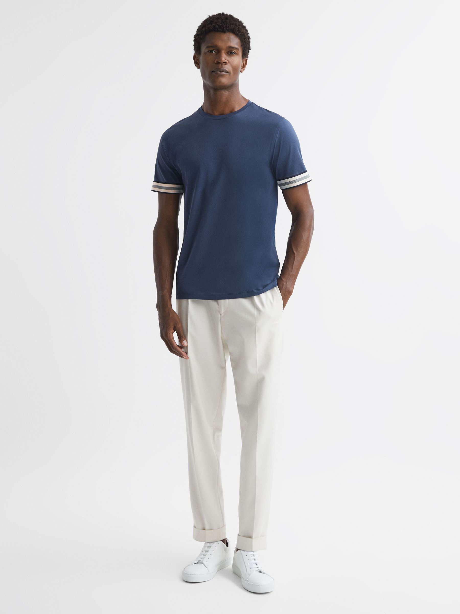 Mercerised Cotton Striped T-Shirt in Blue Night - Image 3 of 5