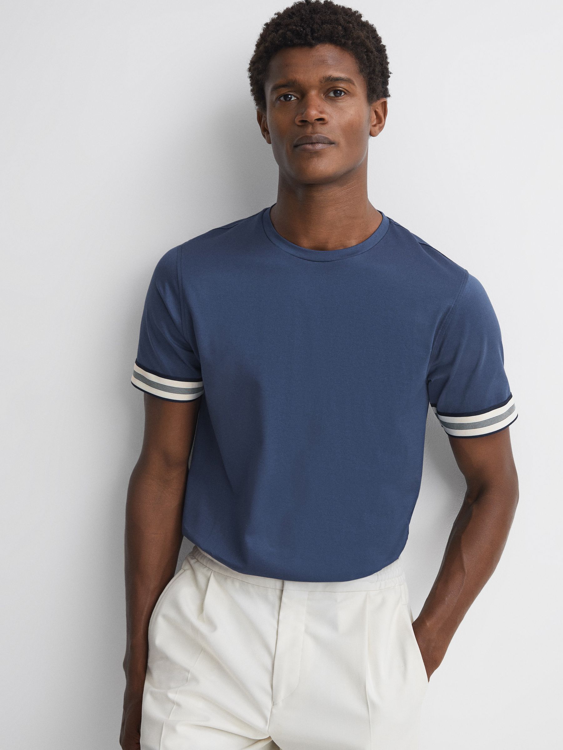 Mercerised Cotton Striped T-Shirt in Blue Night - Image 4 of 5