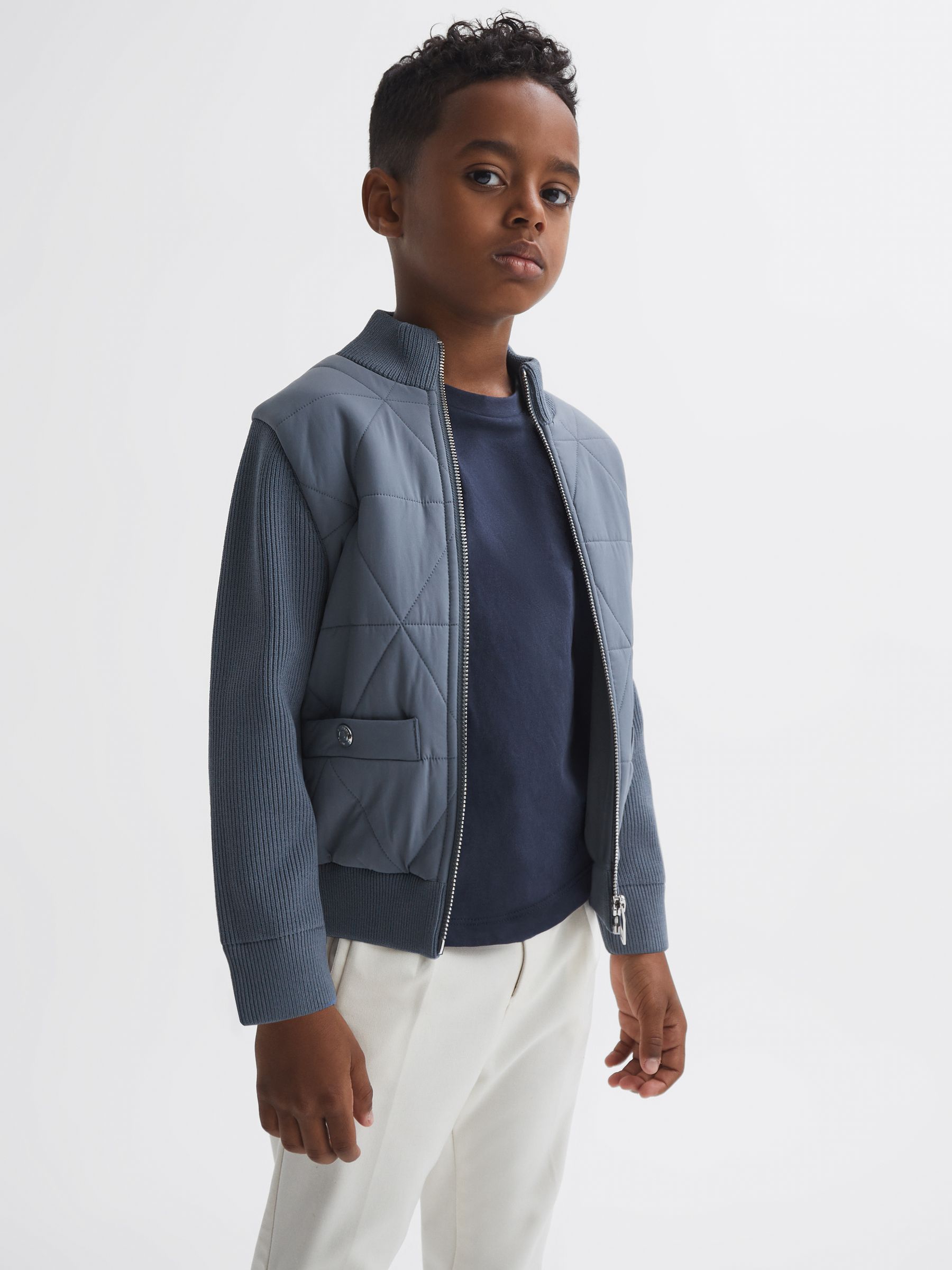9-14 yrs Hybrid Zip-Through Quilted jacket in Airforce Blue - Image 3 of 6