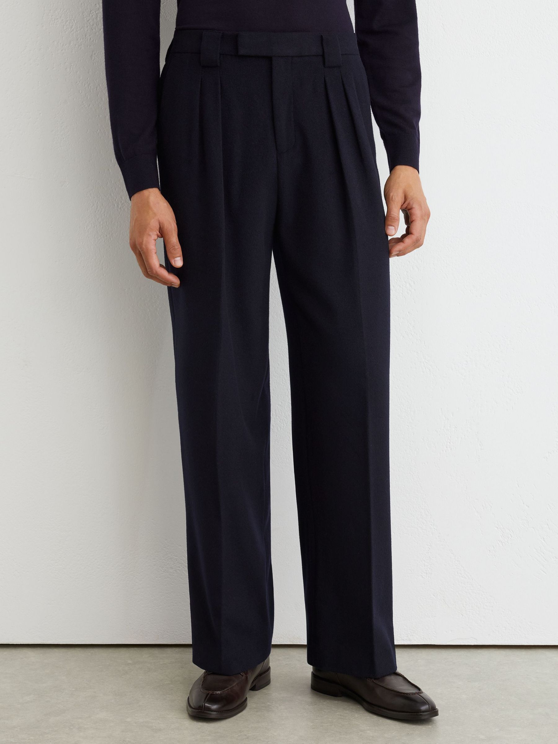 Pantalons plissé décontracté en flanelle de laine mélange bleu marine - Image 3 de 6
