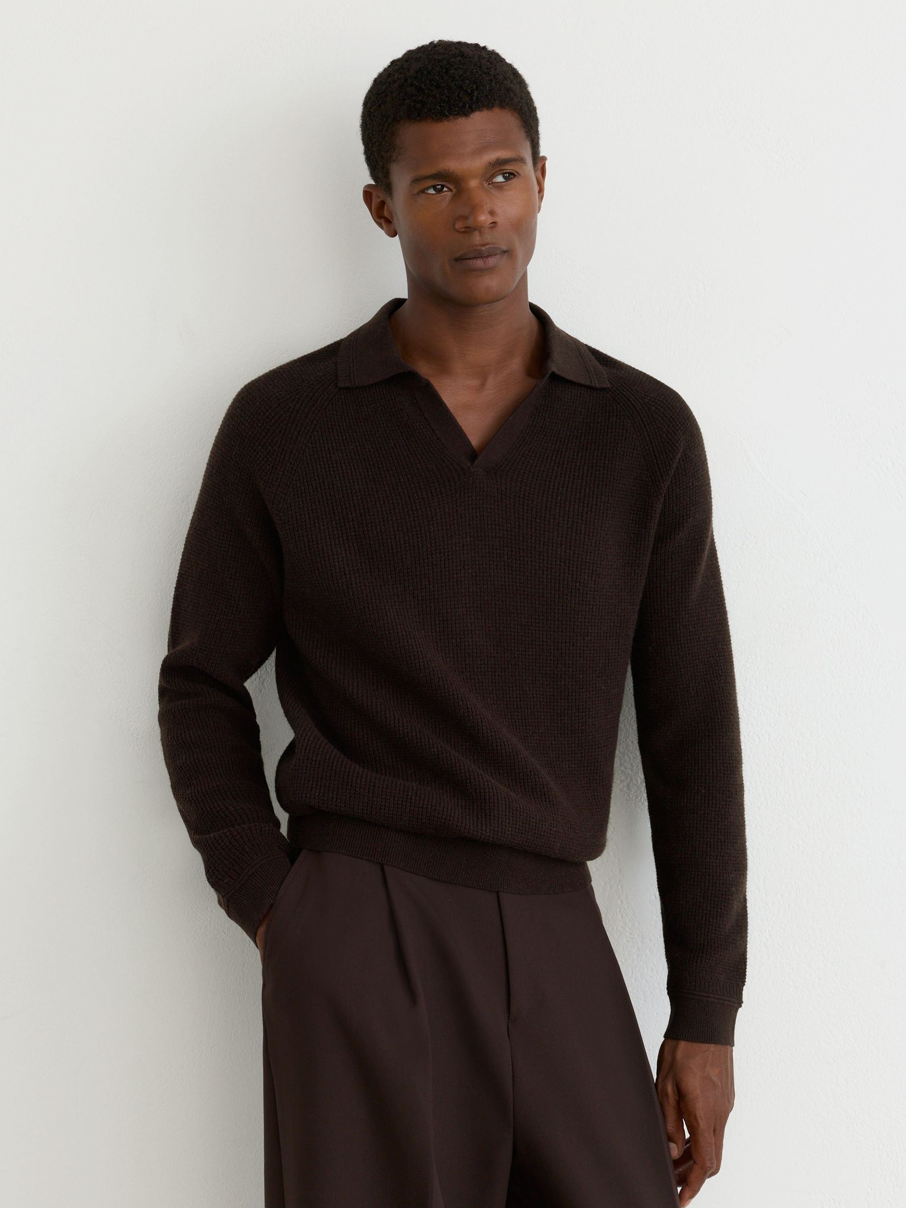 Textured-Knit Open-Collar Jumper with Wool in Chocolate Brown - Image 1 of 6 Textured-Knit Open-Collar Jumper with Wool in Chocolate Brown - Image 1 of 6