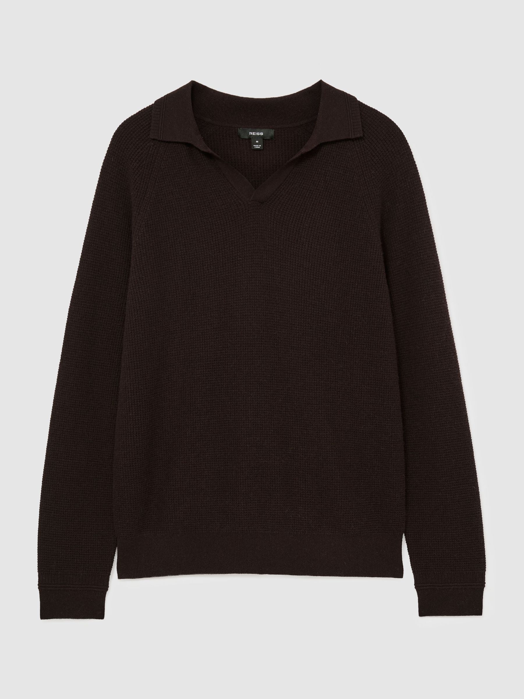 Textured-Knit Open-Collar Jumper with Wool in Chocolate Brown - Image 2 of 6