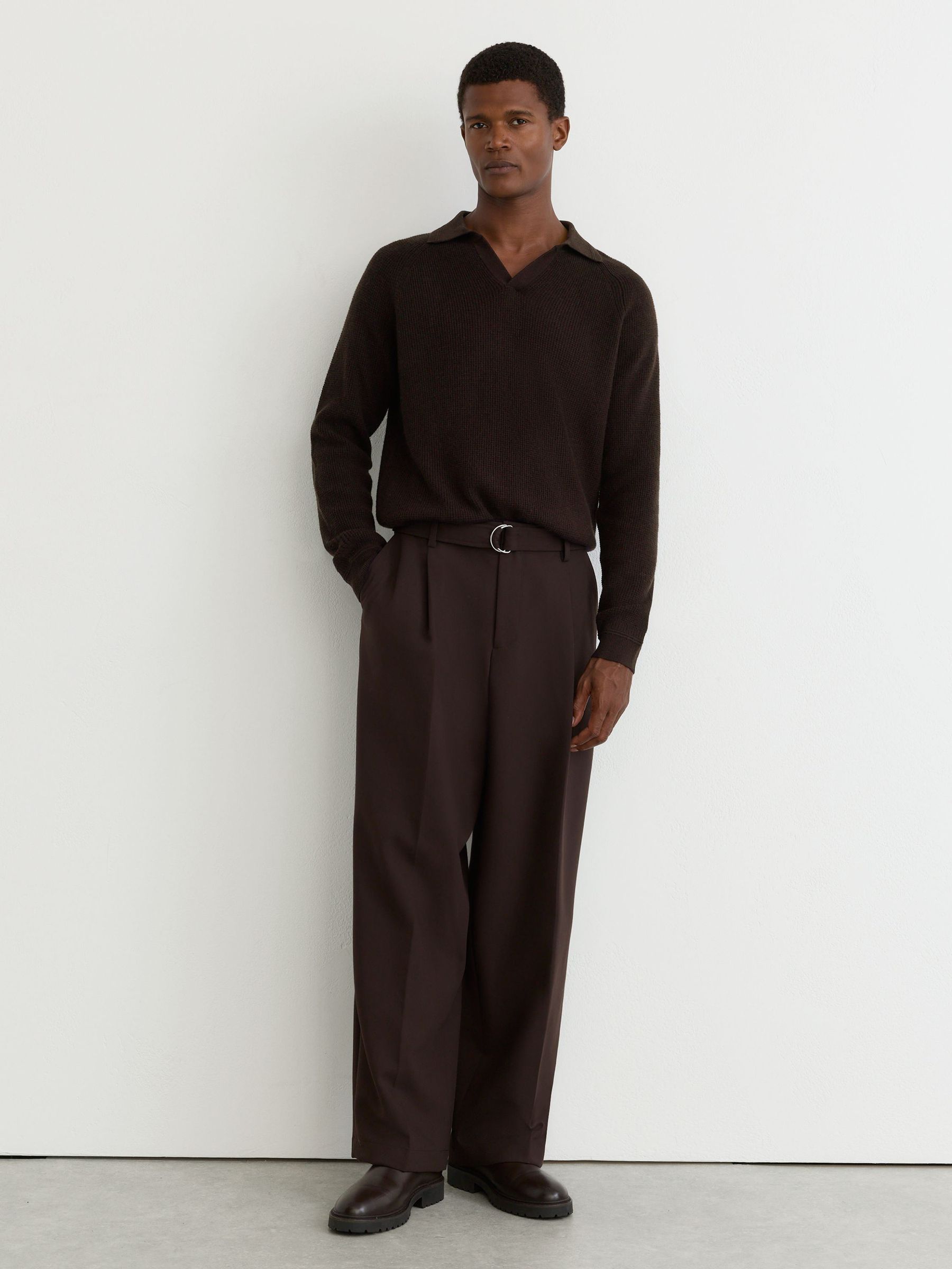 Textured-Knit Open-Collar Jumper with Wool in Chocolate Brown - Image 3 of 6