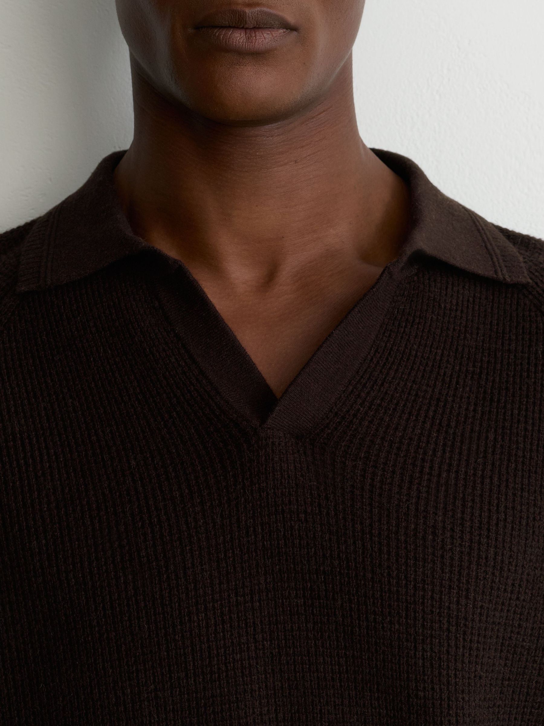 Textured-Knit Open-Collar Jumper with Wool in Chocolate Brown - Image 4 of 6