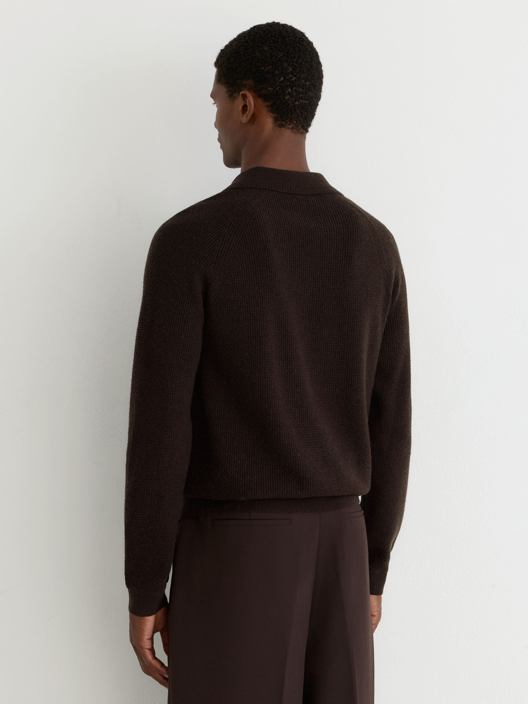 Textured-Knit Open-Collar Jumper with Wool in Chocolate Brown - Image 5 of 6