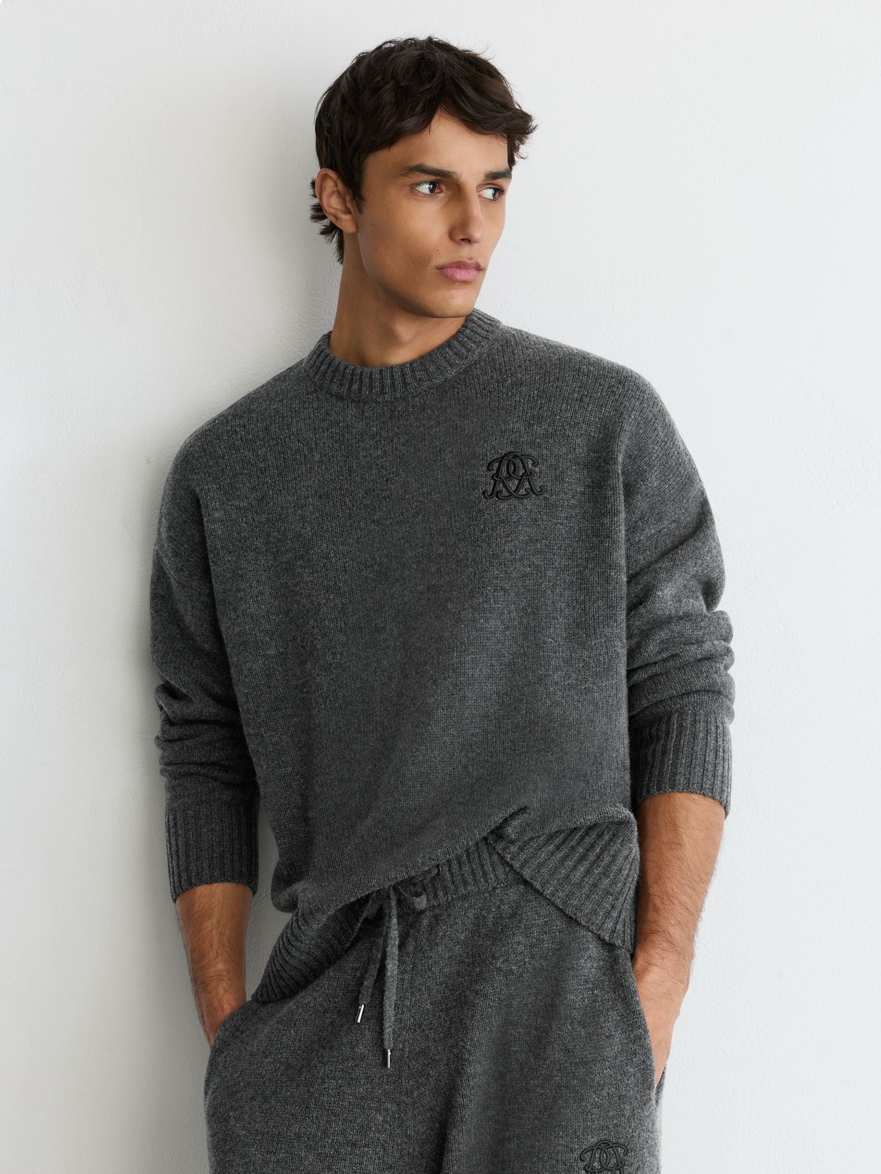 Monogram Embroidered Relaxed Wool Jumper in Charcoal Grey - Image 1 of 8