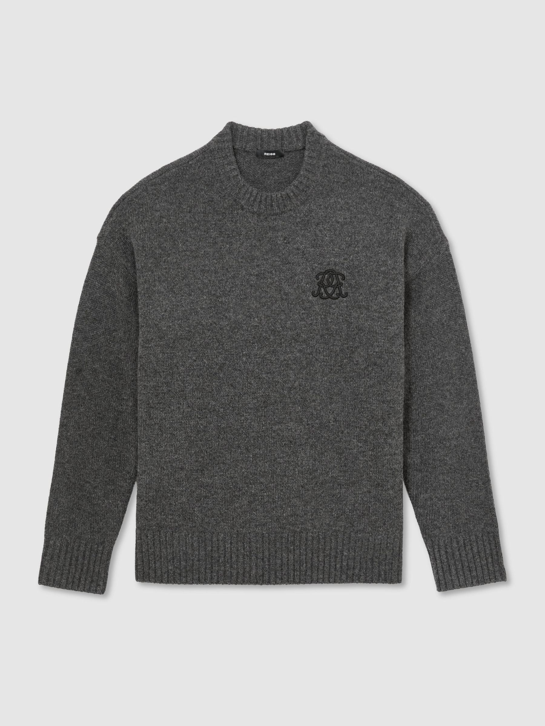 Monogram Embroidered Relaxed Wool Jumper in Charcoal Grey - Image 2 of 8