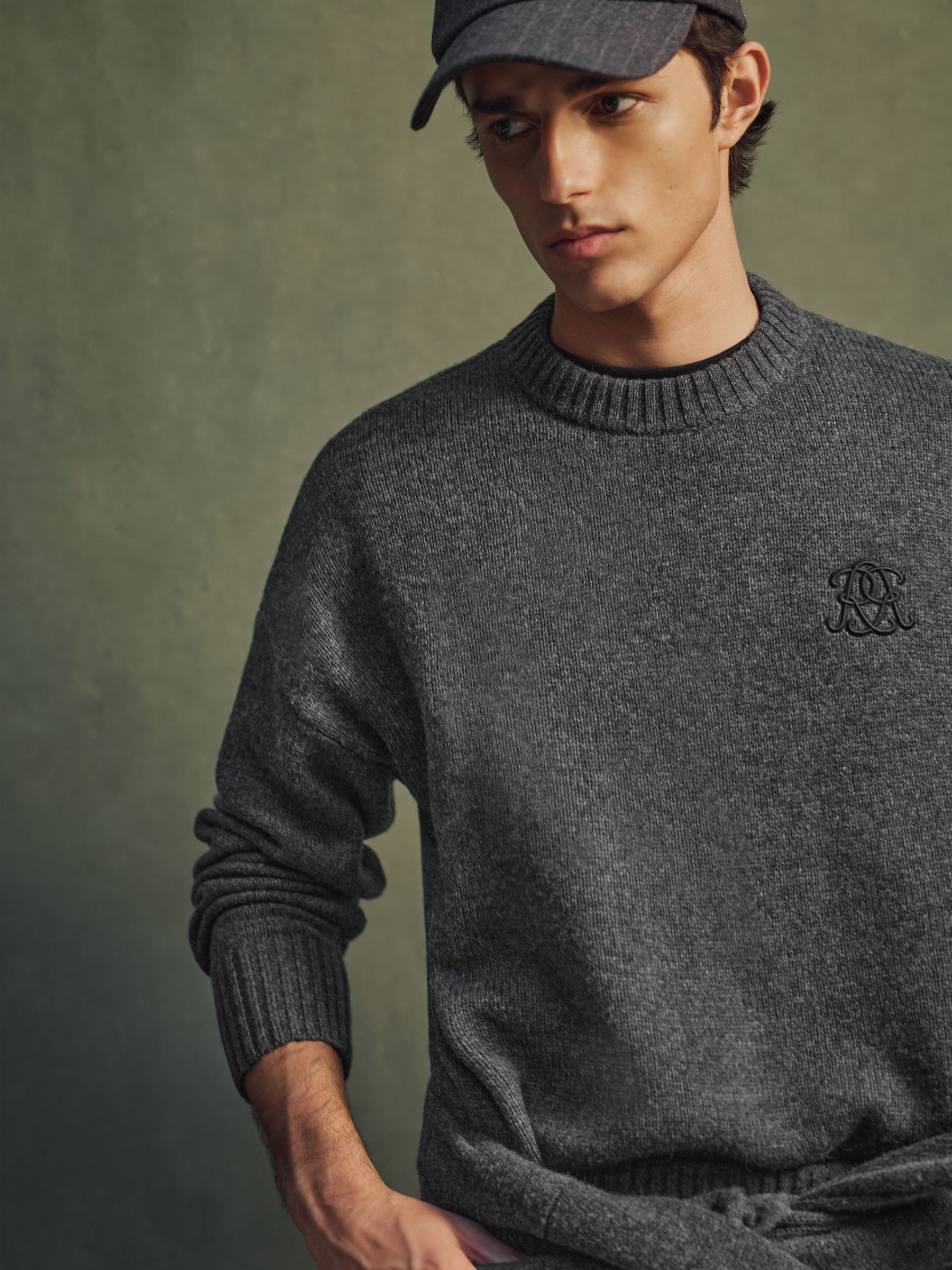 Monogram Embroidered Relaxed Wool Jumper in Charcoal Grey - Image 4 of 8