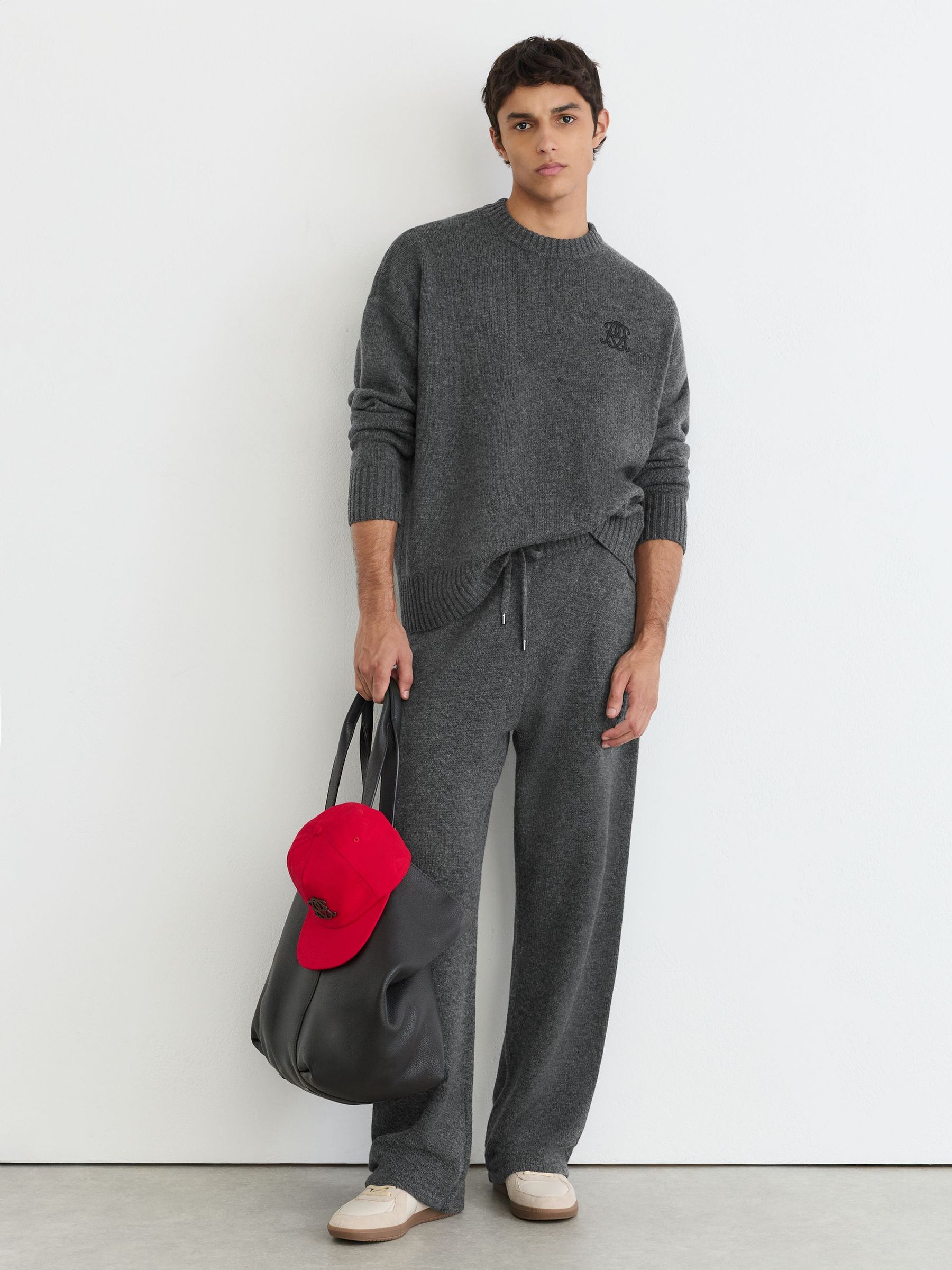 Monogram Embroidered Relaxed Wool Jumper in Charcoal Grey - Image 5 of 8