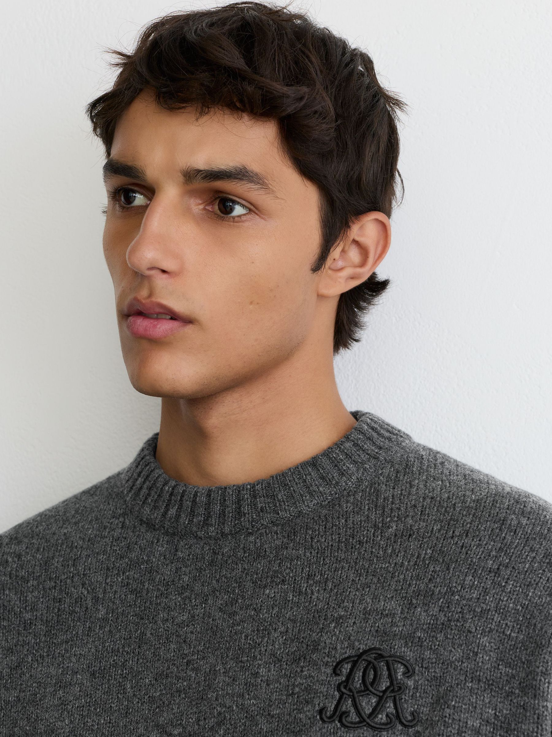 Monogram Embroidered Relaxed Wool Jumper in Charcoal Grey - Image 6 of 8