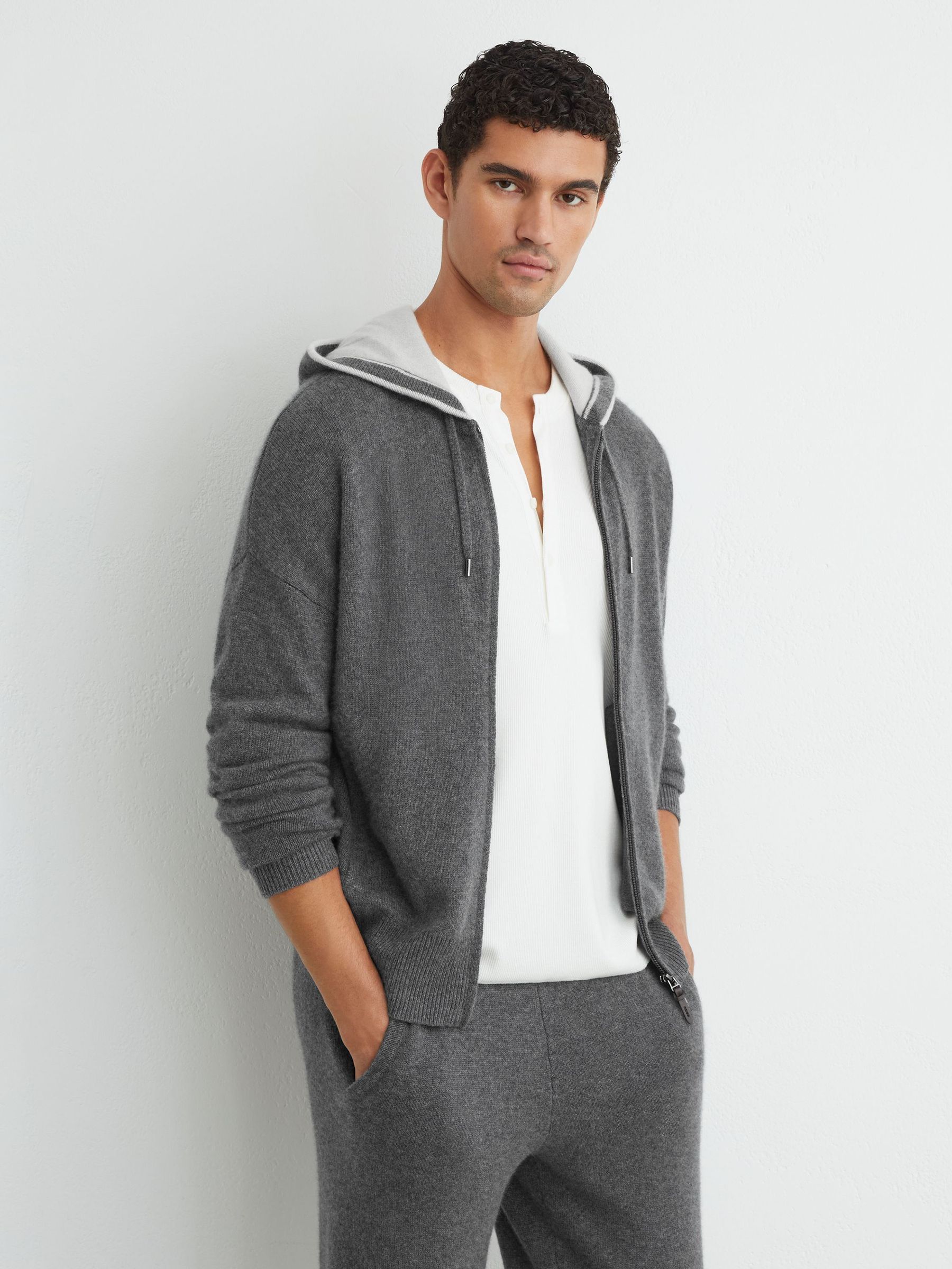 Cashmere-Blend Contrast-Hood Zipped Hoodie in Mid Grey Melange - Image 1 of 7 Cashmere-Blend Contrast-Hood Zipped Hoodie in Mid Grey Melange - Image 1 of 7